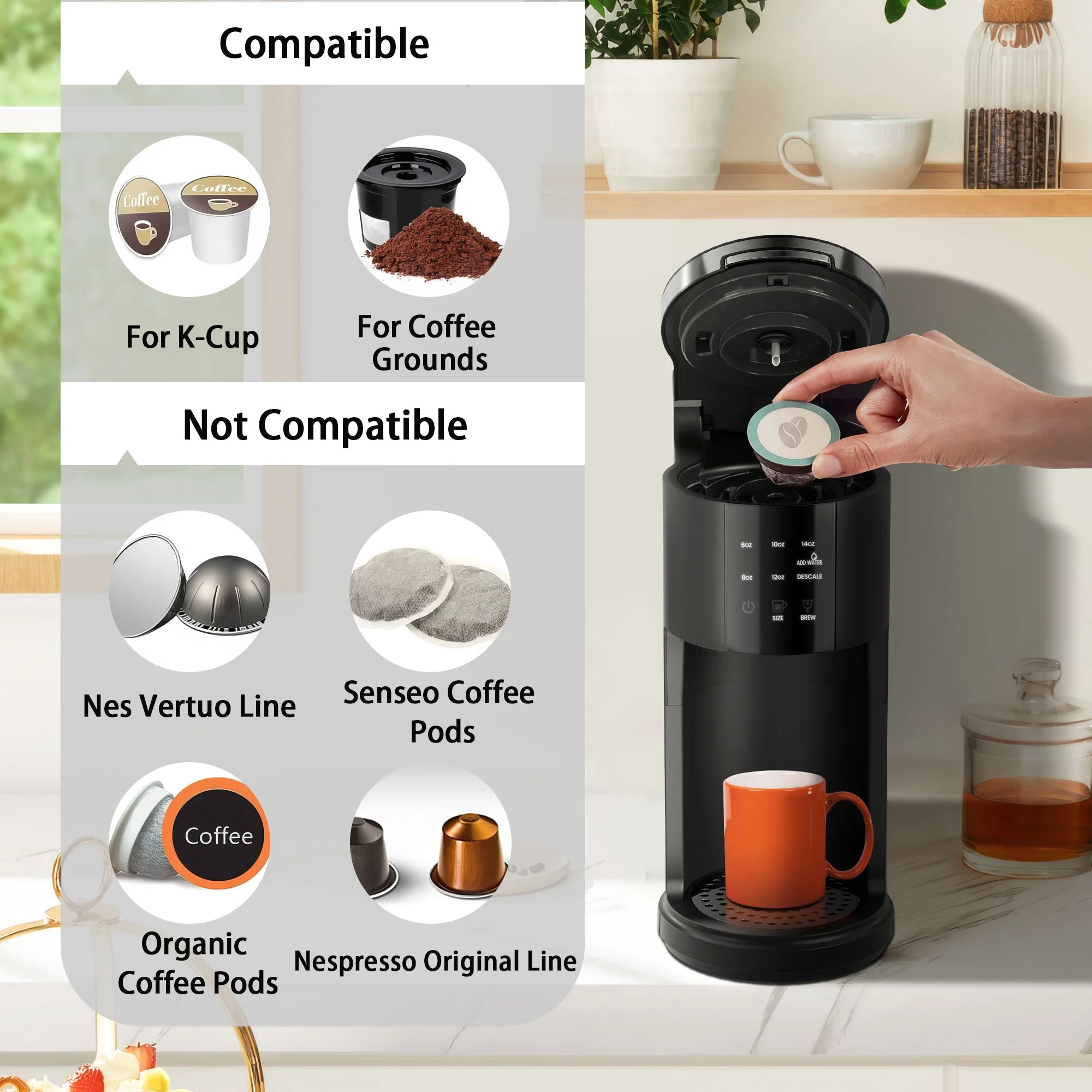 Kndko Coffee Maker 2-in-1 Single Serve Coffee Machine, for K-Cup Coffee Capsule Pod, Ground Coffee Powder Brewer, Black