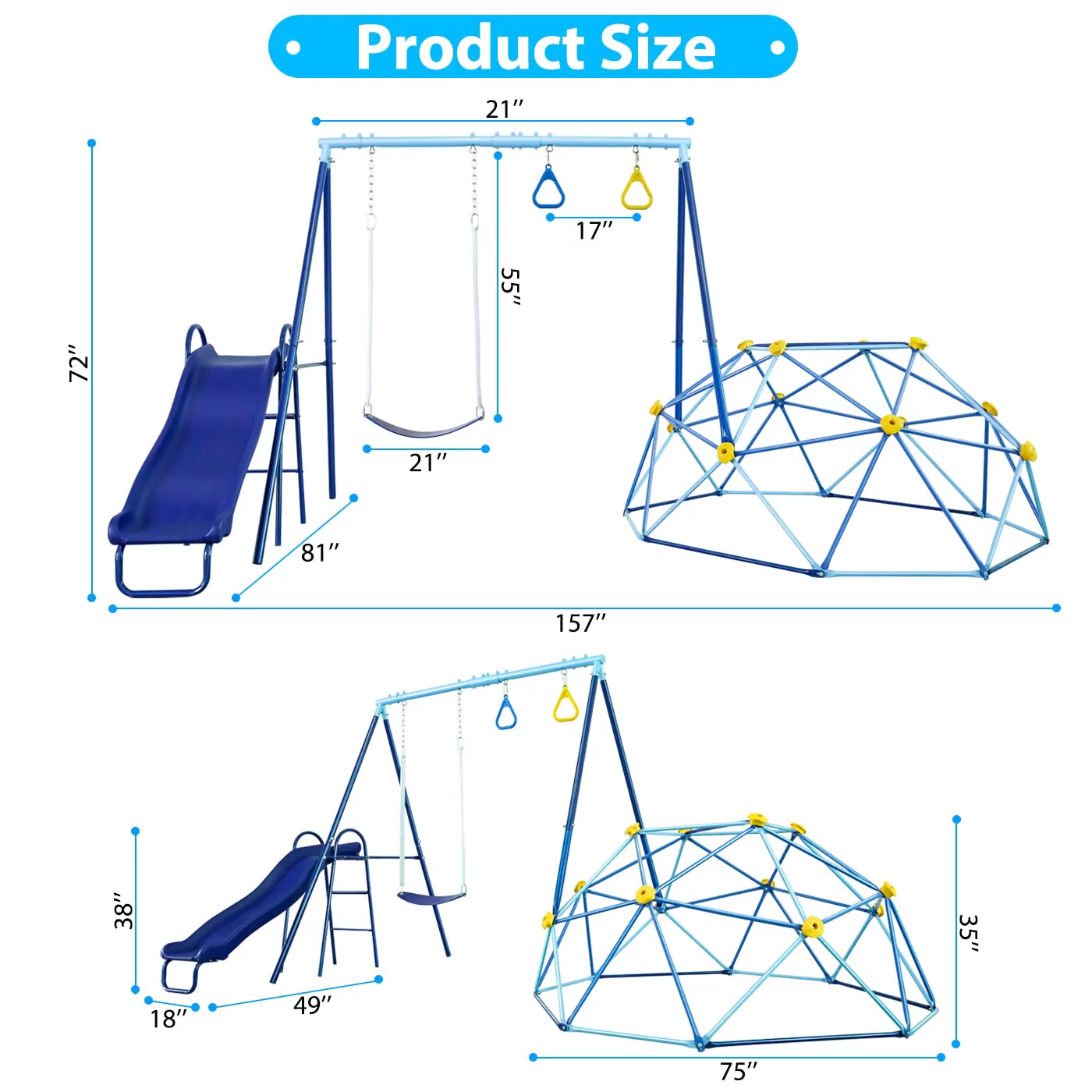 SMkidsport 4 in 1 Metal Swing Sets for Backyard with Slide and Dome Climber,Swing Set with Belt Swing and Trapeze, Playground Sets for Backyards Bearing 440 LBS, Swingset Outdoor for Kids