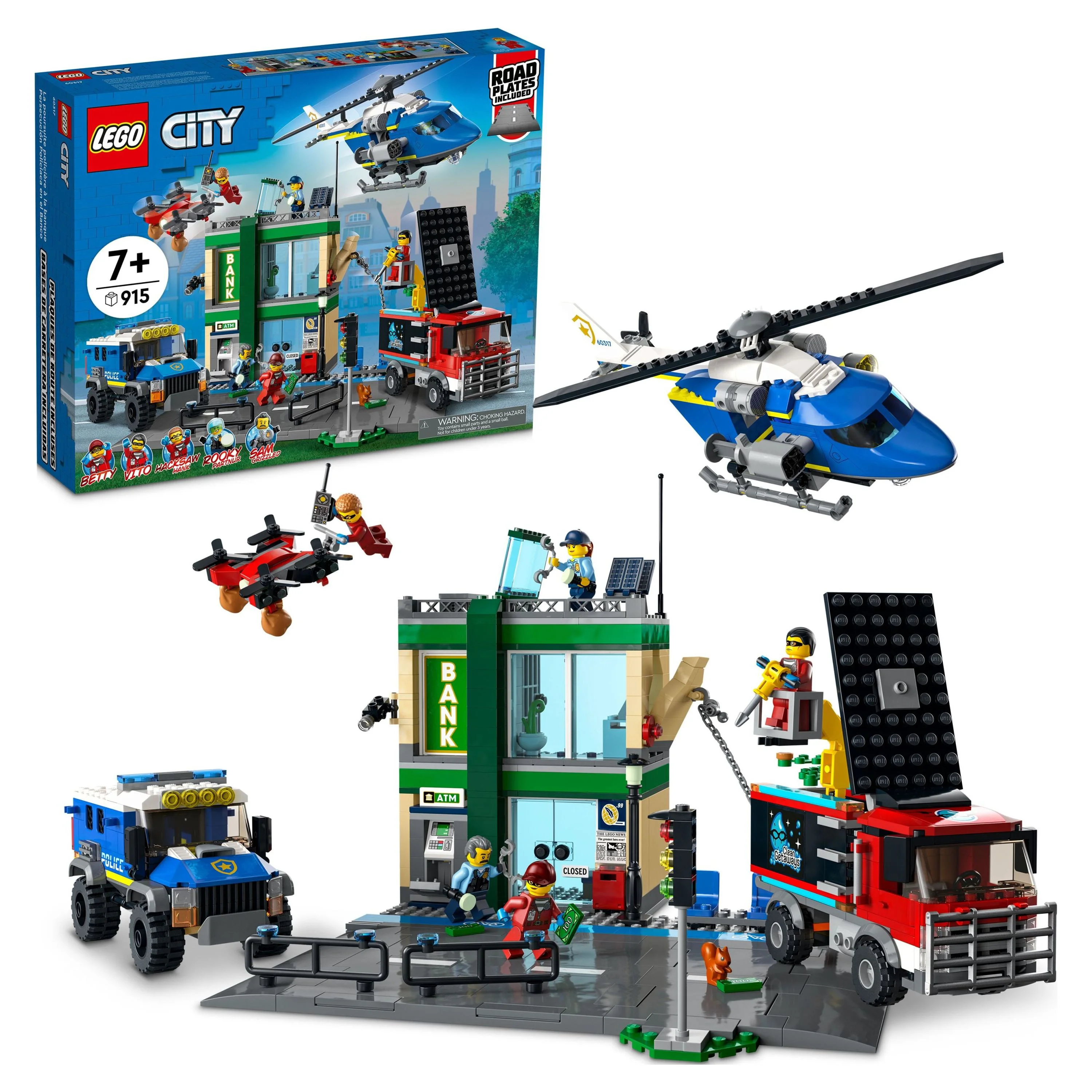 LEGO City Police Chase 60317 Bank with Helicopter, Drone and 2 Truck Toys for Kids 7 Plus Years Old, 2022 Adventures Series Building Sets