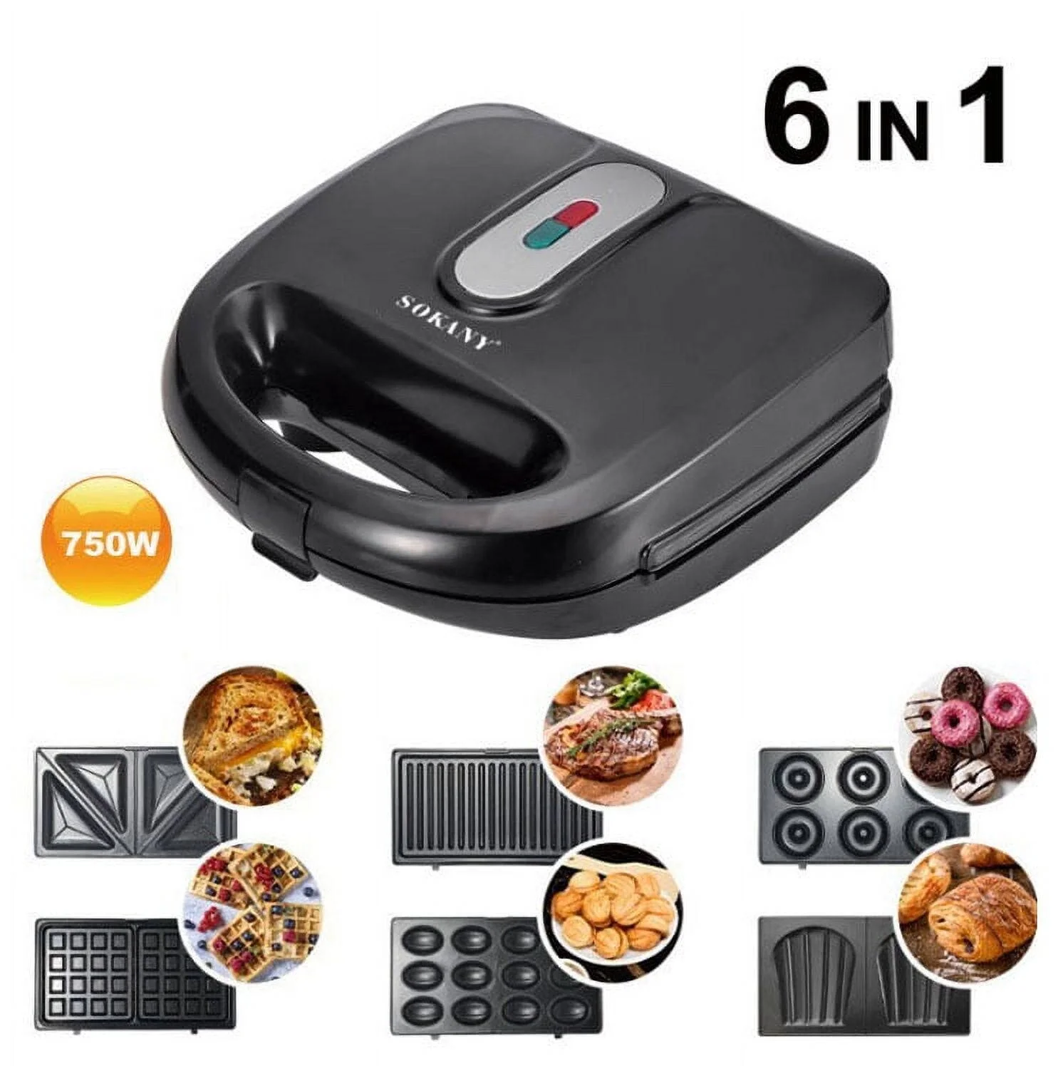 6-in-1 Waffle Maker Panini Press Sandwich Maker | 750W Breakfast Grill | Non-Stick Removable Plate | Black