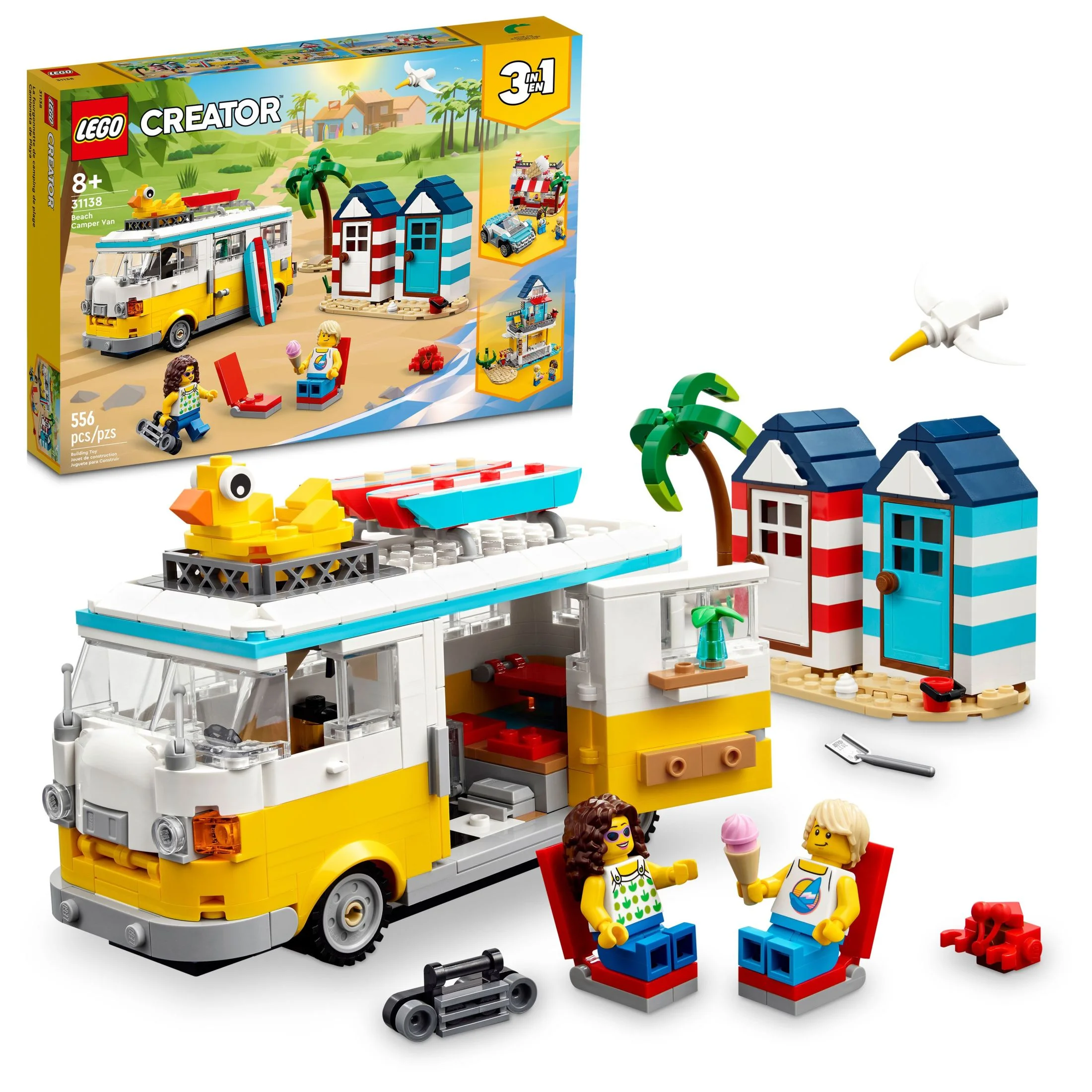 LEGO Creator 3 in 1 Beach Camper Van Building Kit, Transforms from a Campervan to Ice Cream Shop to Beach House, Great Gift for Surfer Boys and Girls, Pretend Play Beach Life, 31138