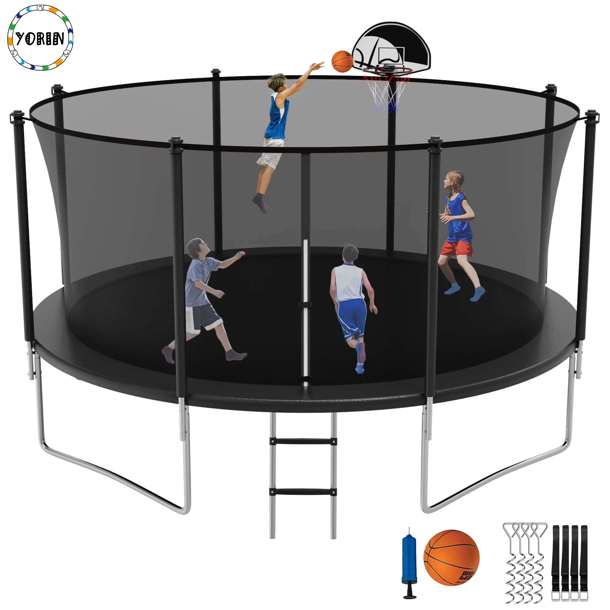 YORIN Trampoline 1400LBS 14FT Trampoline for Adults with Enclosure, Outdoor Trampoline Capacity 6-8 Kids, with Basketball Hoop ASTM Approved Backyard Recreational Heavy Duty Trampoline