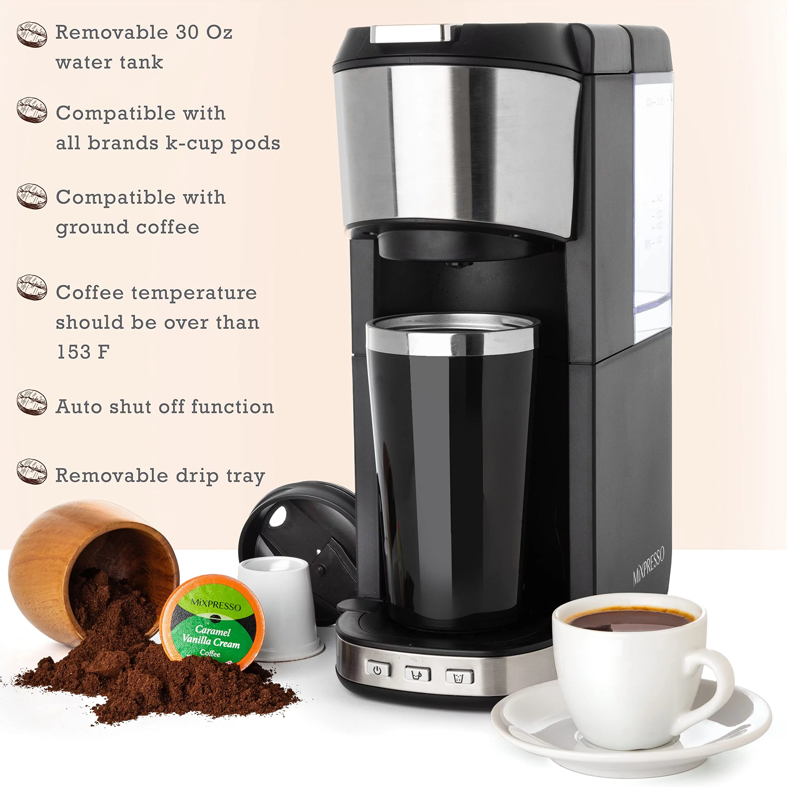 Mixpresso Single Serve Coffee Maker with K Cup Pods, 14oz Travel Mug, Reusable Filter and 30oz Removable Water Tank