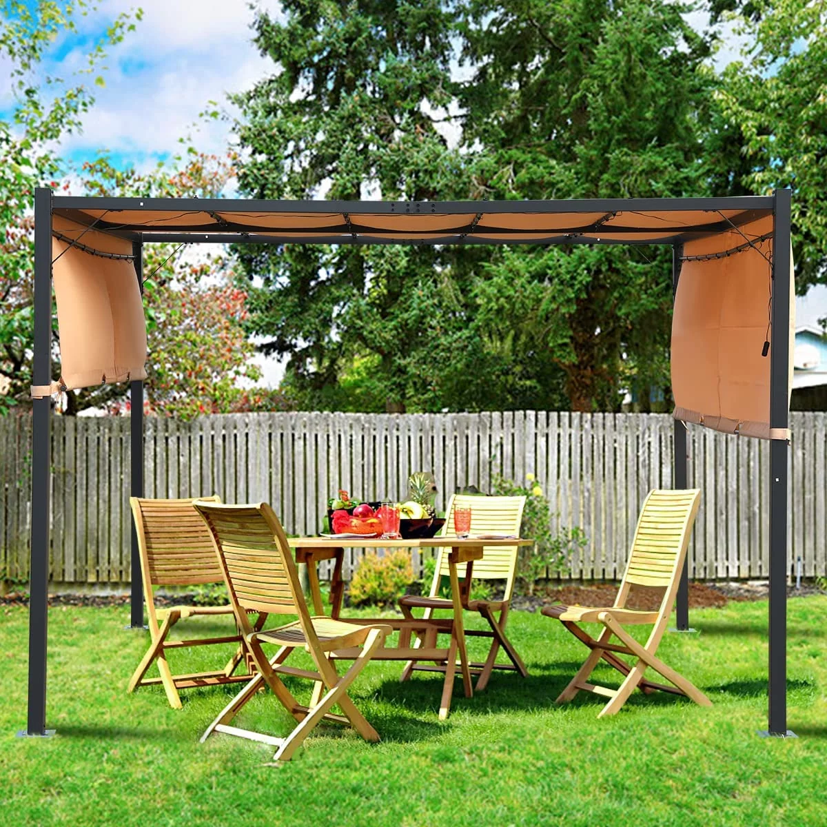 10×10 Pergola Outdoor Pergola Canopy Garden Retractable Pergola Steel Frame Patio Pergola Gazebo with Solar Powered Led kit for BBQ, Party, Beach (Tan)