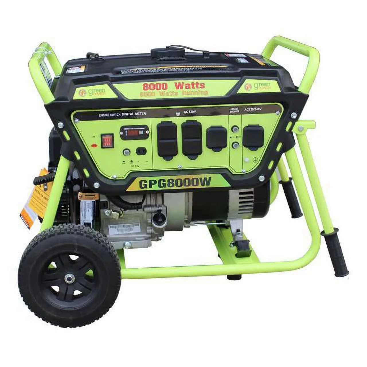 Green-Power America Gas Generator Pro Series GPG8000W delivers 8000 watts of starting power and 6500 watt of continious power