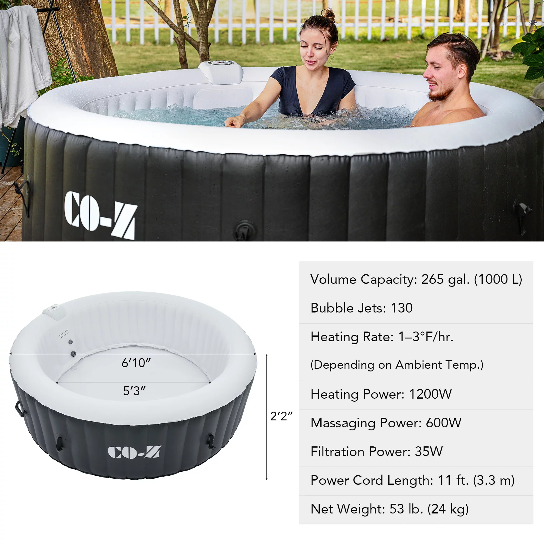 CO-Z 6 Person 7ft Inflatable Hot Tub Pool with Massage Jets and All Accessories Black