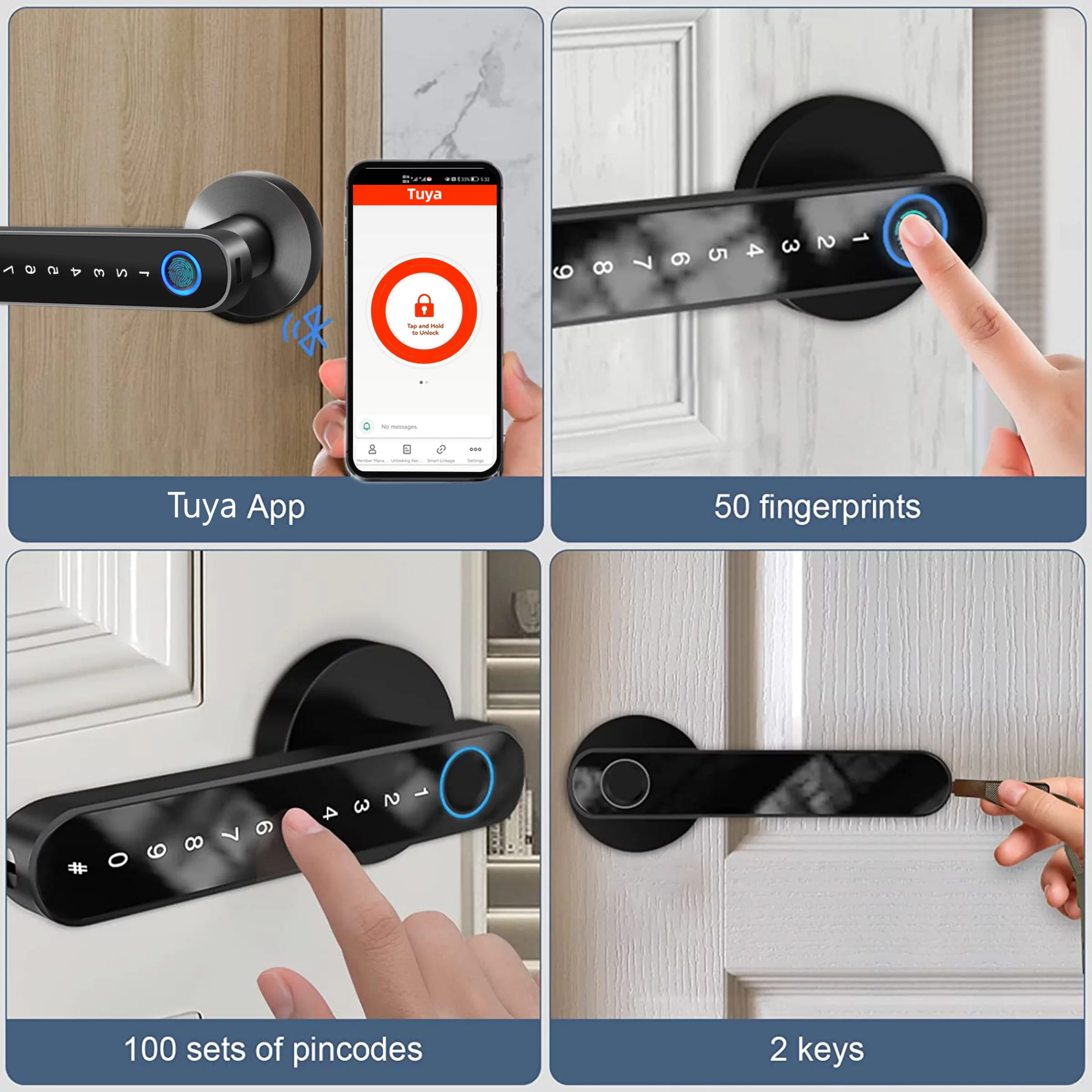 Smart Door Lock,Keyless Entry Door Lock with Handle,Fingerprint Door Lock with  Tuya APP,Smart Door Knob with Key for Home Bedroom