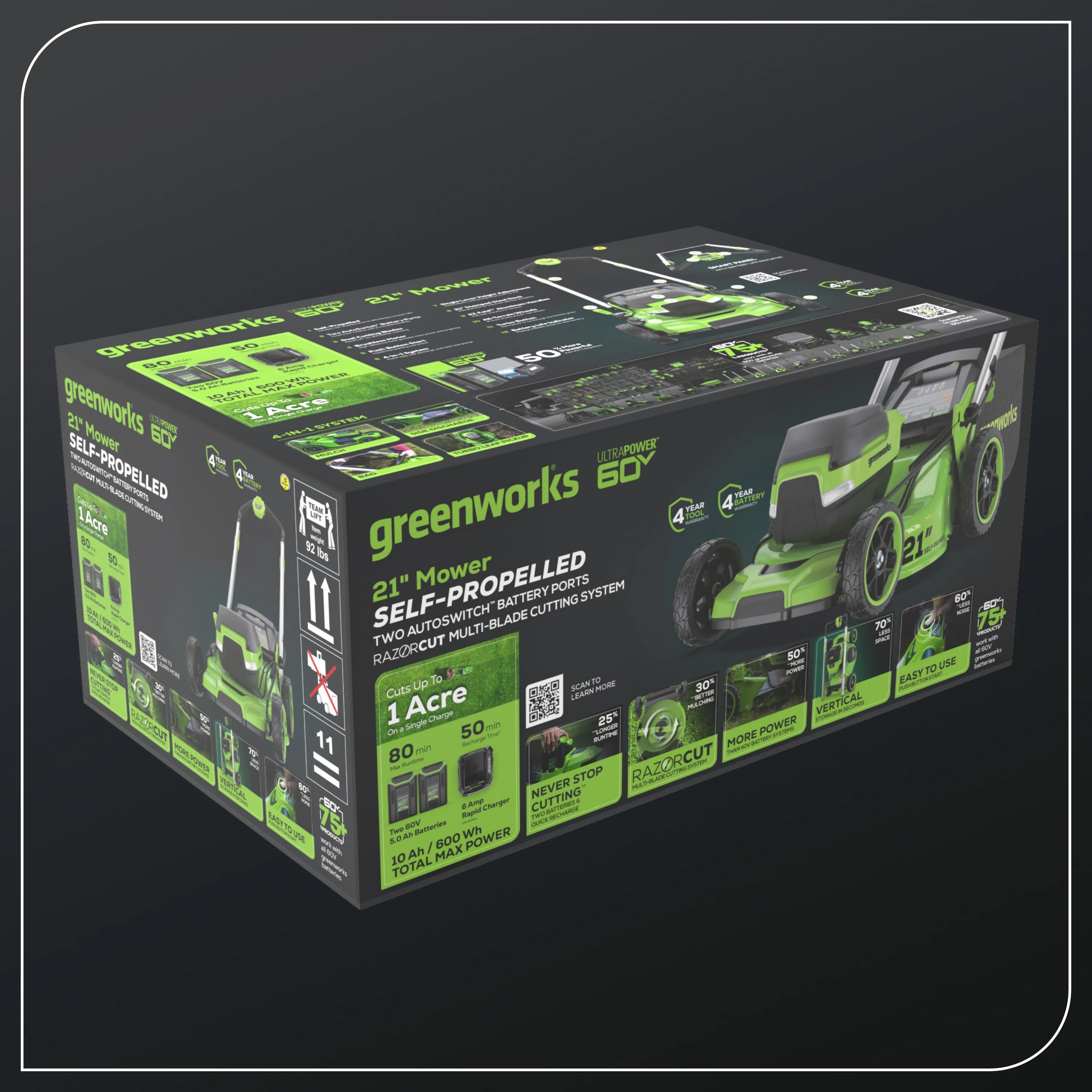 Greenworks 60V 21?? Self-Propelled Lawn Mower with (2) 5.0 Ah Batteries & Rapid Charger 2546202