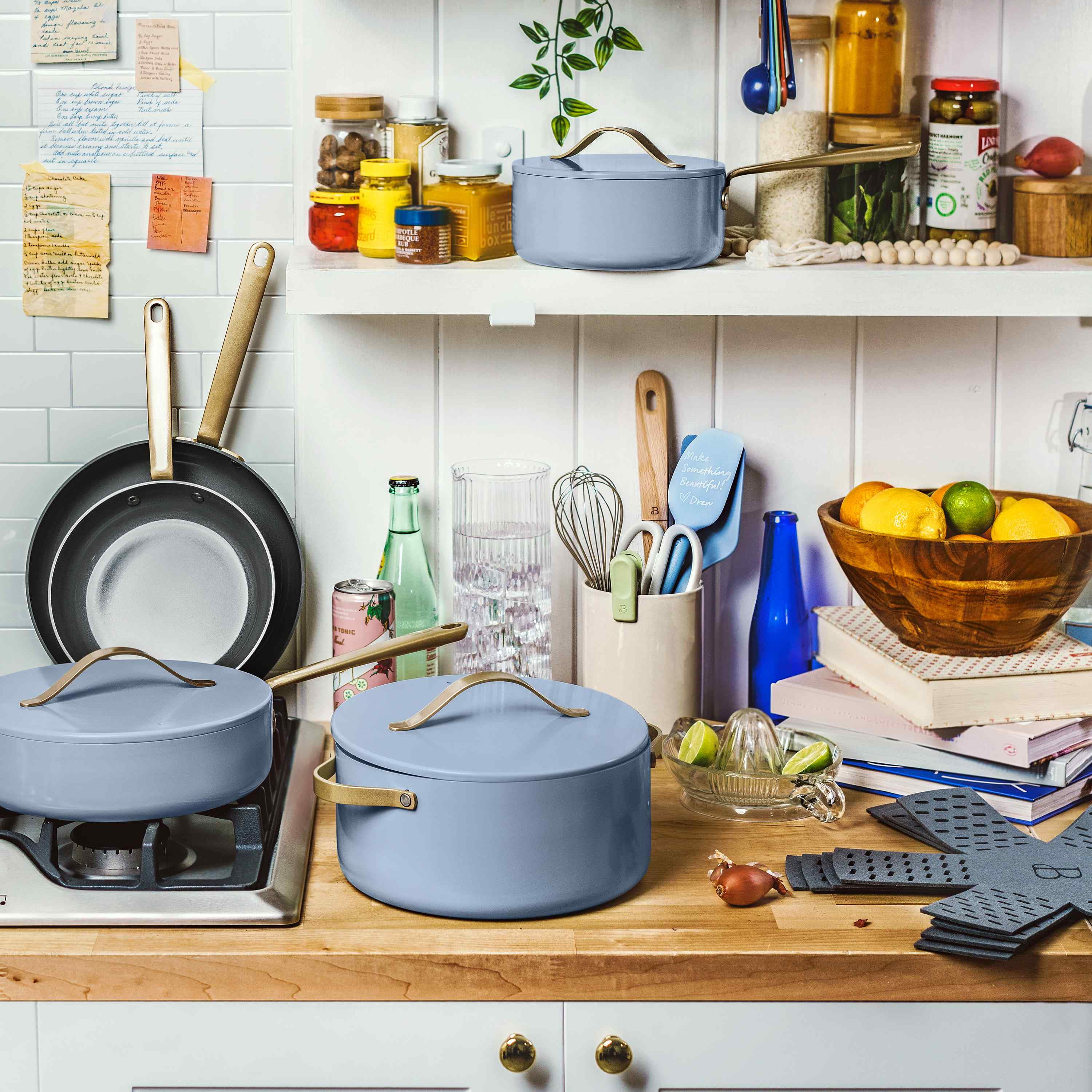 Beautiful 12pc Ceramic Non-Stick Cookware Set, Black Sesame by Drew Barrymore