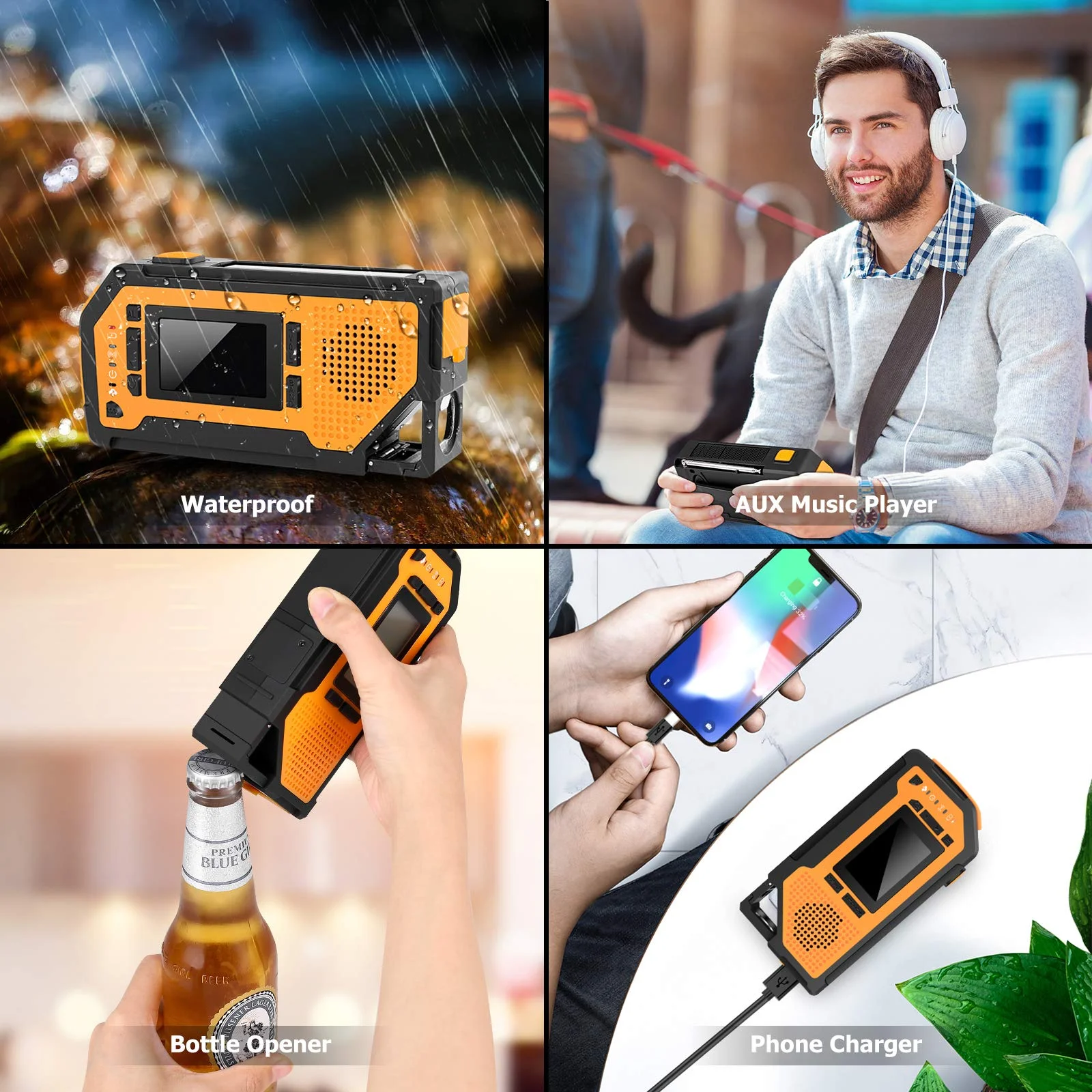 Doosl Emergency Weather Radio, FM/AM/Noaa Hand Crank Flashlight Solar Radios with Cell Phone Charge, SOS Alarm, Orange