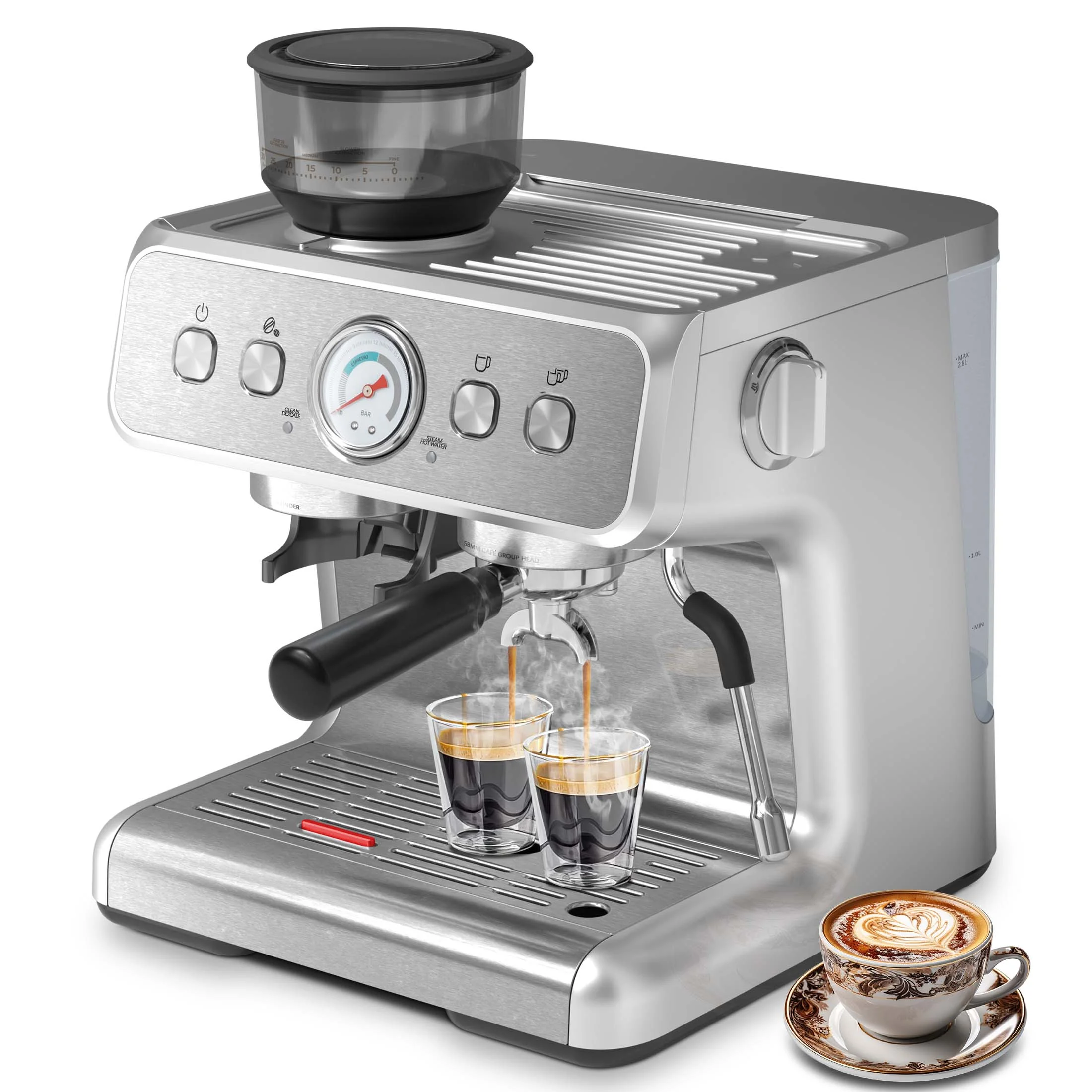 Auseo Semi-Automatic CoffeeMaker with 2.8L Water Tank , 1&2 Cups, Espresso/Cappuccino/Latte/Mocha for Company/Cafe/Home