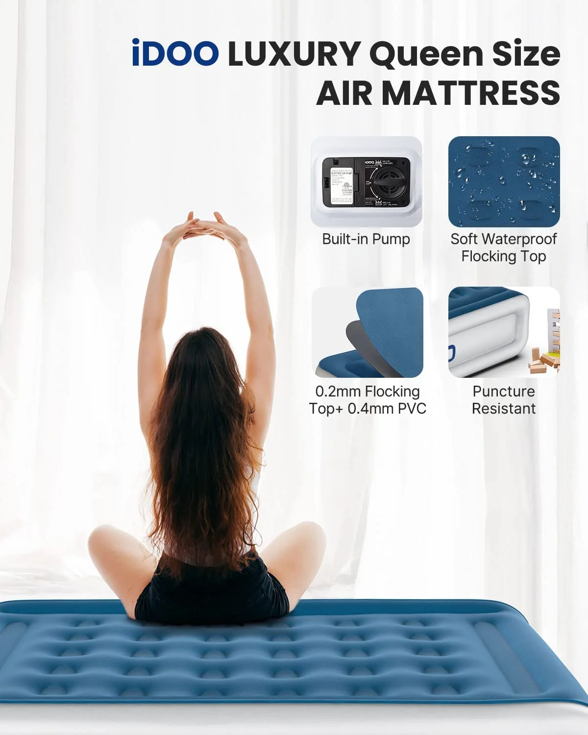 iDOO Queen Size Air Mattress, Inflatable Air Bed with Built-In Pump, 4 Mins Fast Inflation And Deflation