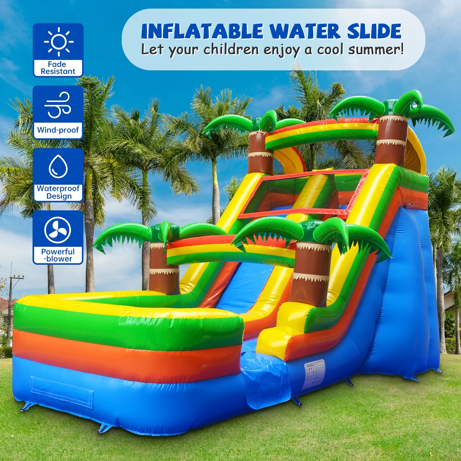 GOOSH 21 ft Inflatable Water Slide with Air Blower, Palm Tree Blow Up Slide for Backyard Outdoor Fun, Inflatable Slides for Kids- Climbing Wall, Slides & Splash Pool, 13’H x 12.7′ W x 21’D