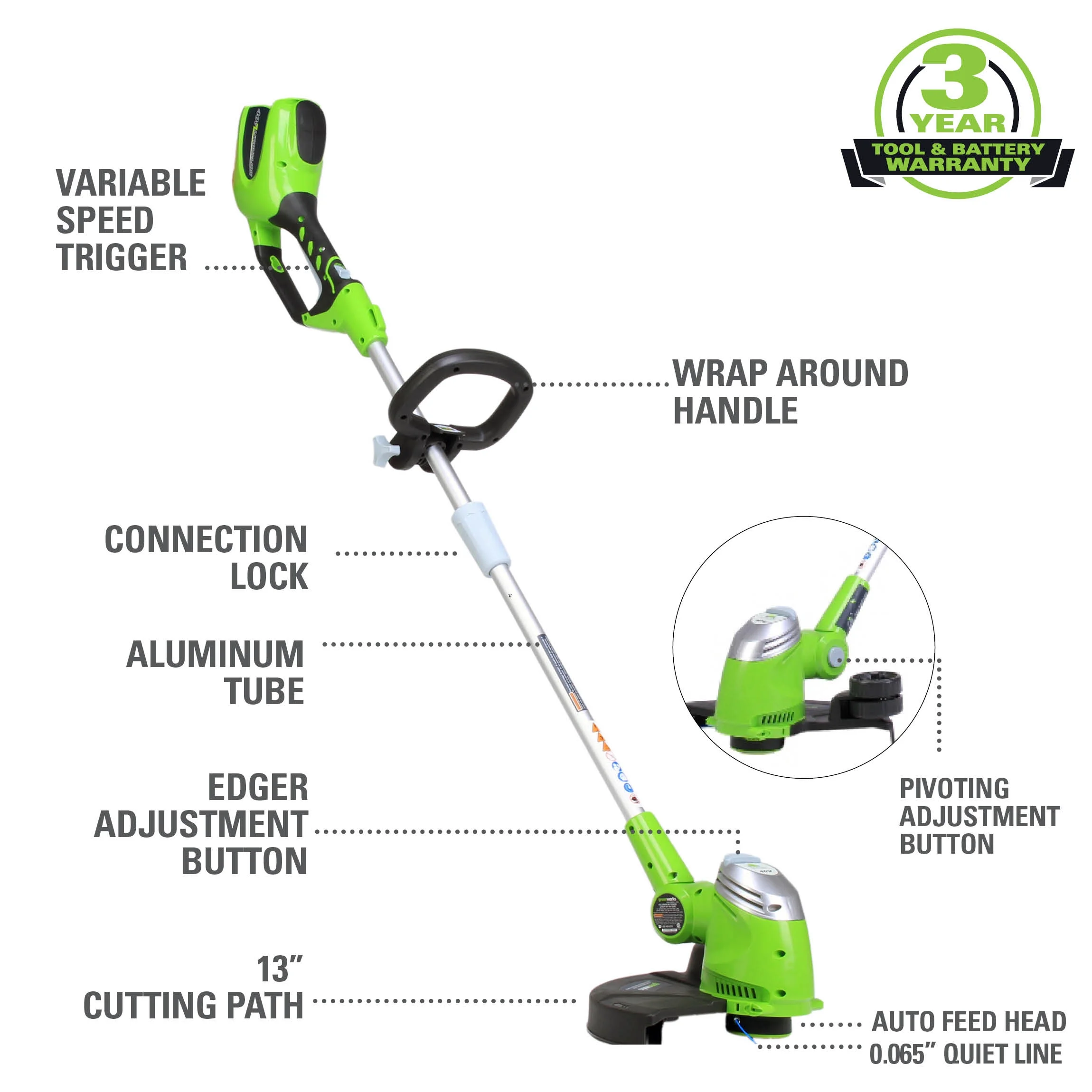 Greenworks 40V 13″ Cordless String Trimmer/Edger with 2.0 Ah Battery & Charger 21302