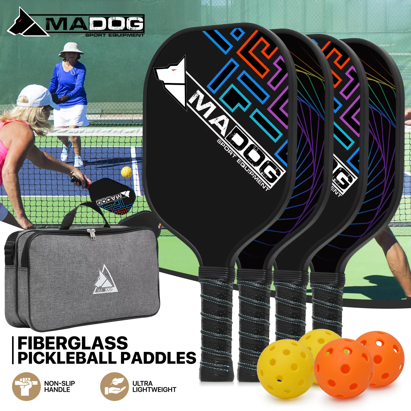 MADOG Pickleball Rackets Set, Carbon Fiber Pickleball Paddles Set of 4 and 4 Pickleballs Balls, 4 Paddles and 4 Indoor & Outdoor Pickleball Balls for Adults Beginners