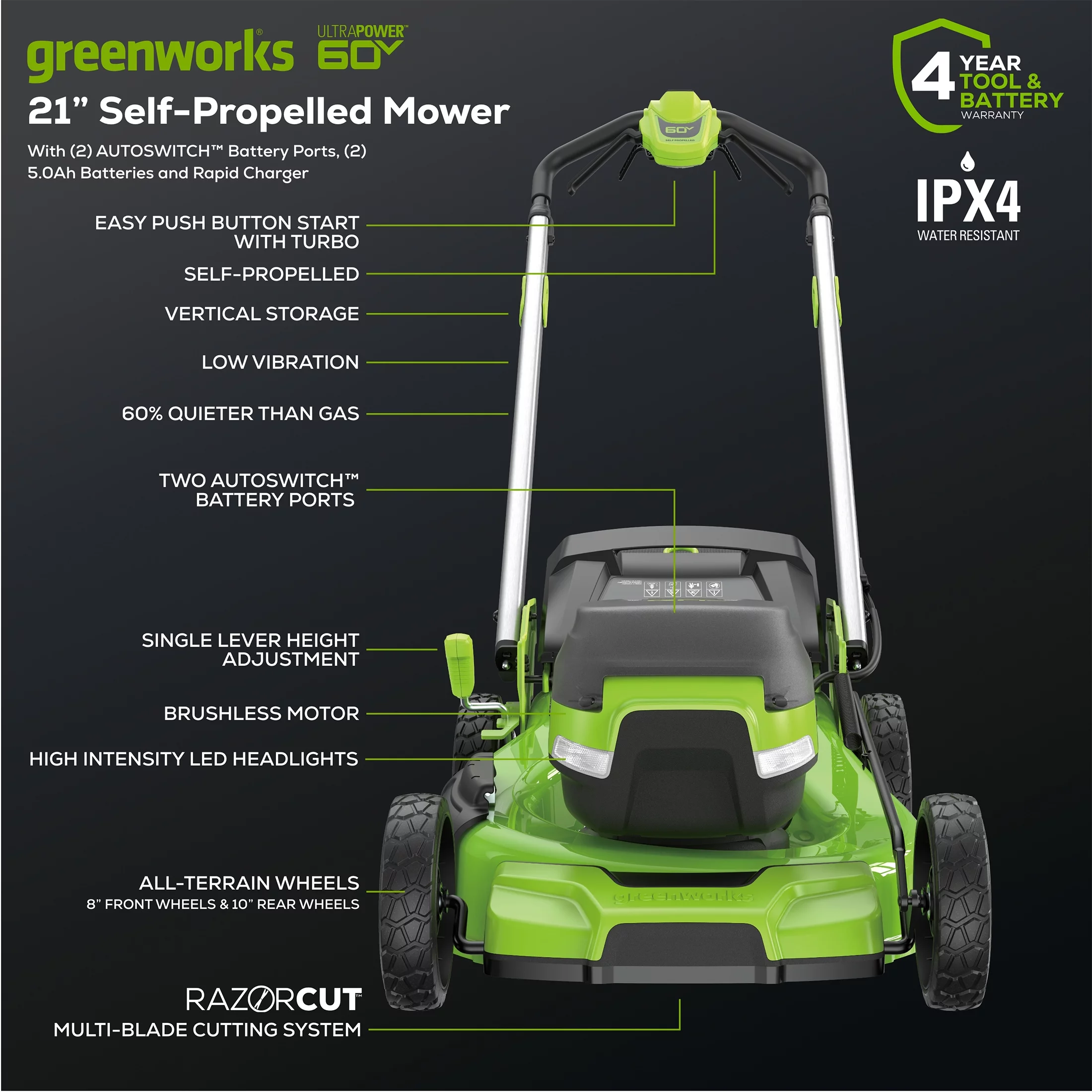 Greenworks 60V 21?? Self-Propelled Lawn Mower with (2) 5.0 Ah Batteries & Rapid Charger 2546202