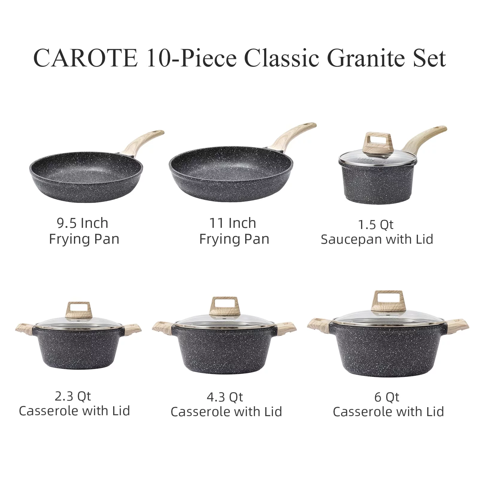 Carote Nonstick Pots and Pans Set, 10 Pcs Granite Stone Kitchen Cookware Sets (Black)