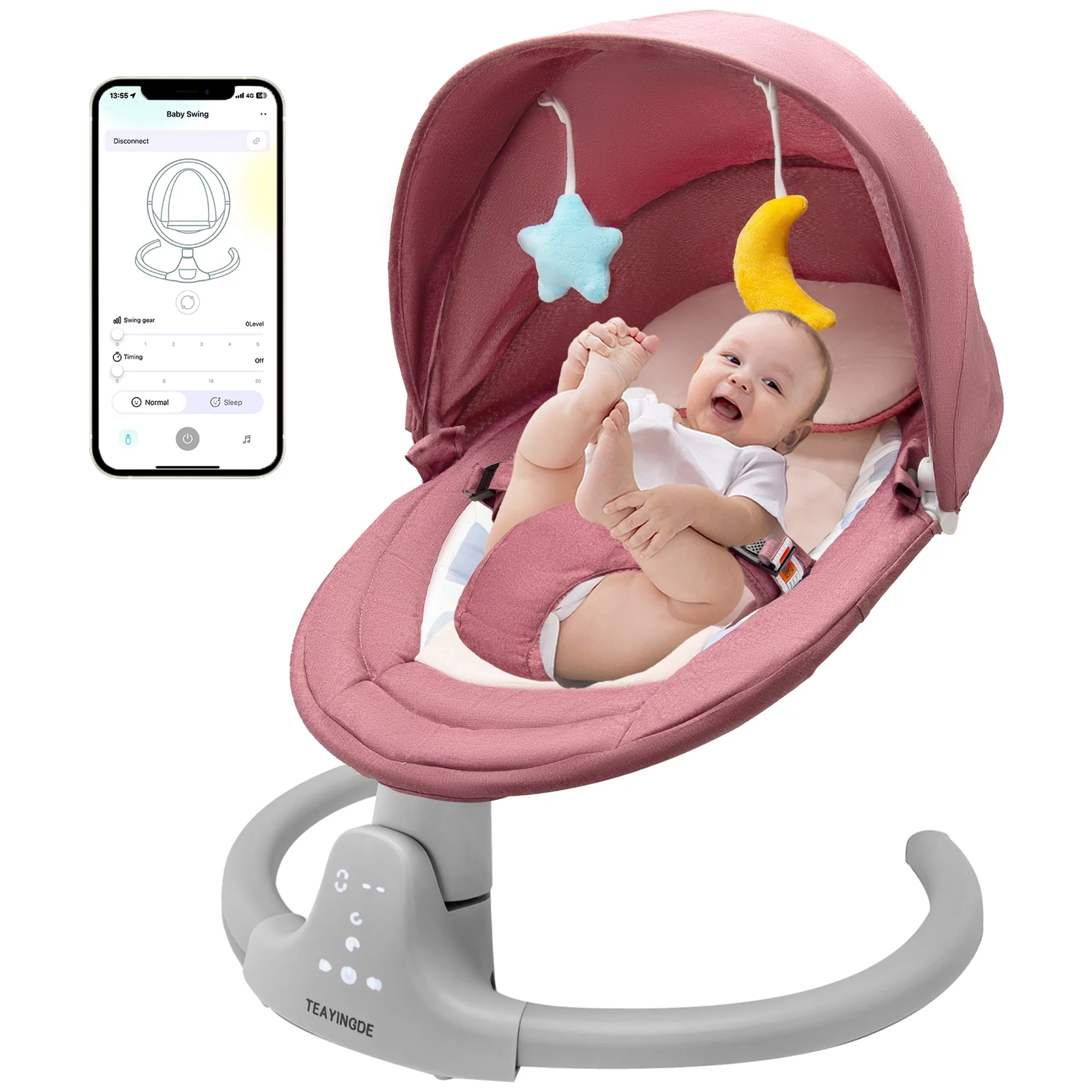 TEAYINGDE Baby Swing for Infants – APP Remote Bluetooth Control, 5 Speed Settings, 10 Lullabies, USB Plug (Pink)