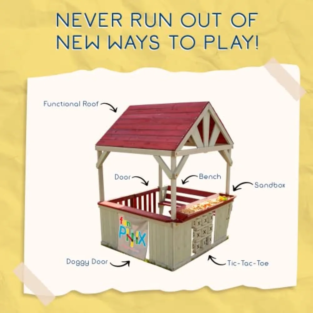 Wooden Playhouse for Kids Outdoor – Funphix Backyard Playhouse with Bench, Sandbox, Tic Tac Toe, Roof, & Doors – ASTM Certified & Easy to Assemble Kids Outdoor Playset Made of Durable Cedar Wood