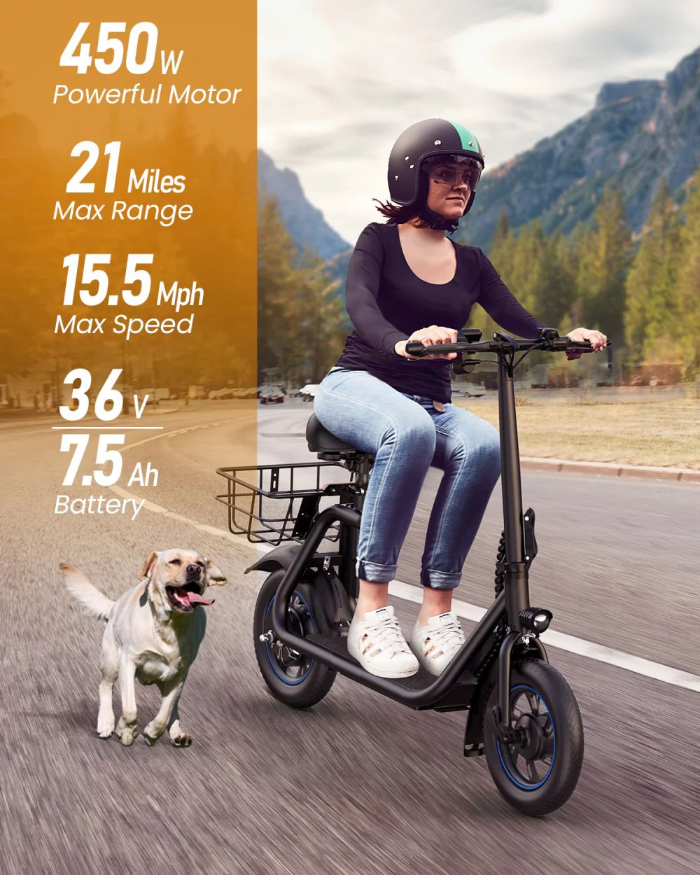 GYROOR C1 450W Electric Scooter with Seat for Adults, Max Speed 15.5Mph Up to 21 Miles Range, 12″ Tire for Commuting Scooter with Basket