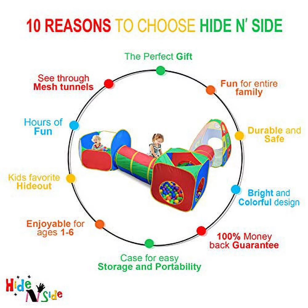 5pc Kids Playhouse Jungle Gym w/ Pop Up Play Tents, Tunnels & Basketball Ball Pit for Boys, Girls, Children, Babies & Toddlers, Indoor & Outdoor Use, by Hide-n-Side