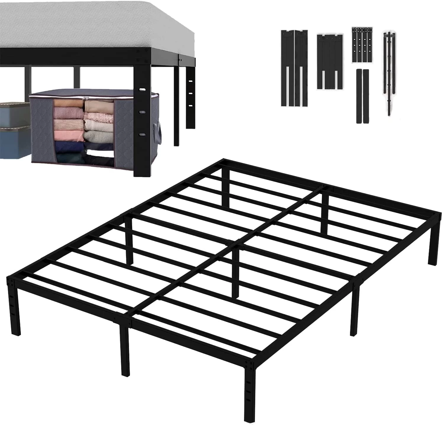 OmiNight King Bed Frame , Heavy Duty 14 inches High King Size Bed Frame with Storage No Box Spring Needed Easy Assembly Platform Bed Frame for Adults