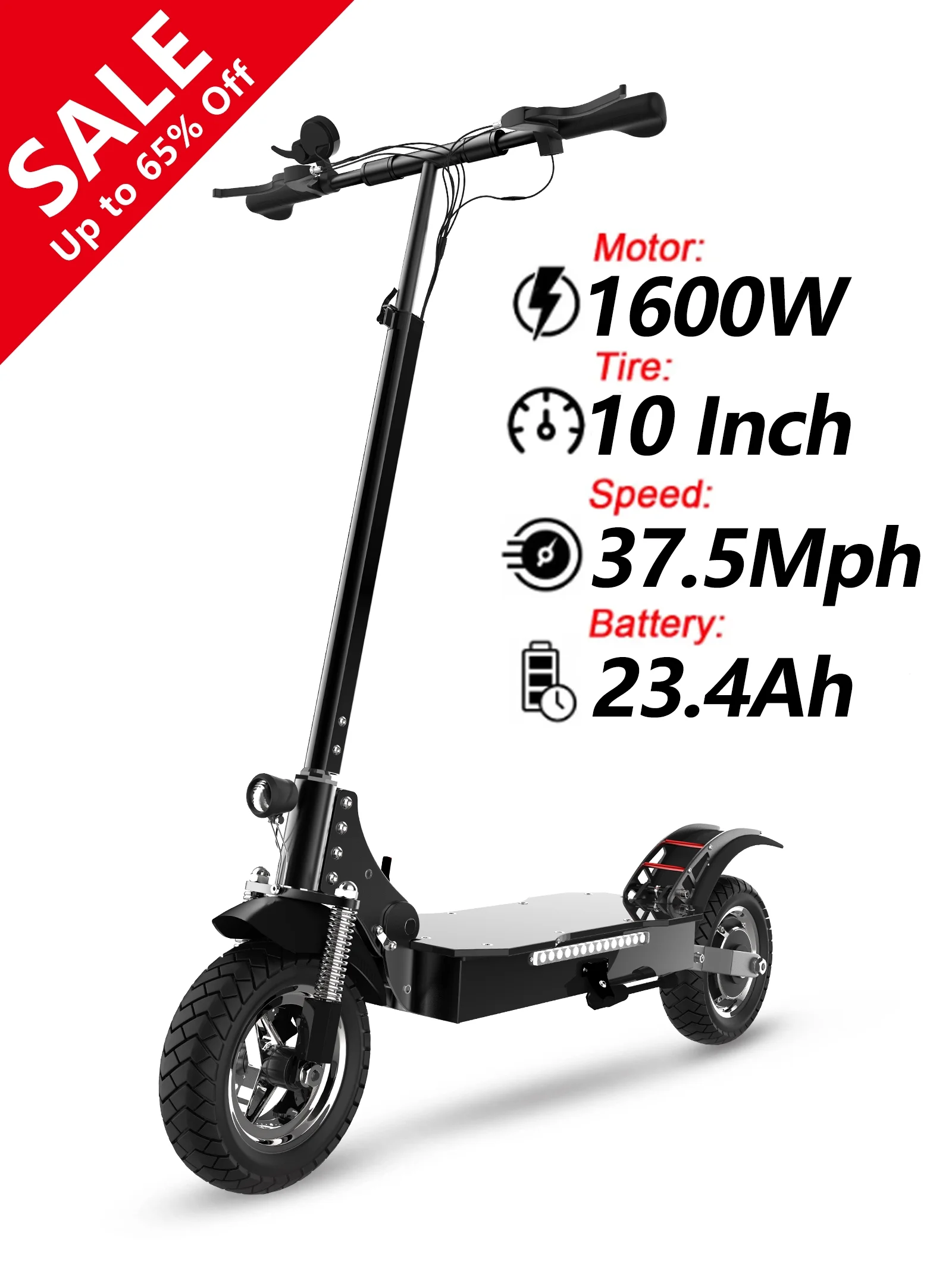 JUEXING 1600W 23.4Ah Adult Electric Scooter, 37.5MPH & 50 Miles Range, 10″ Off Road Tires, Foldable E Scooter