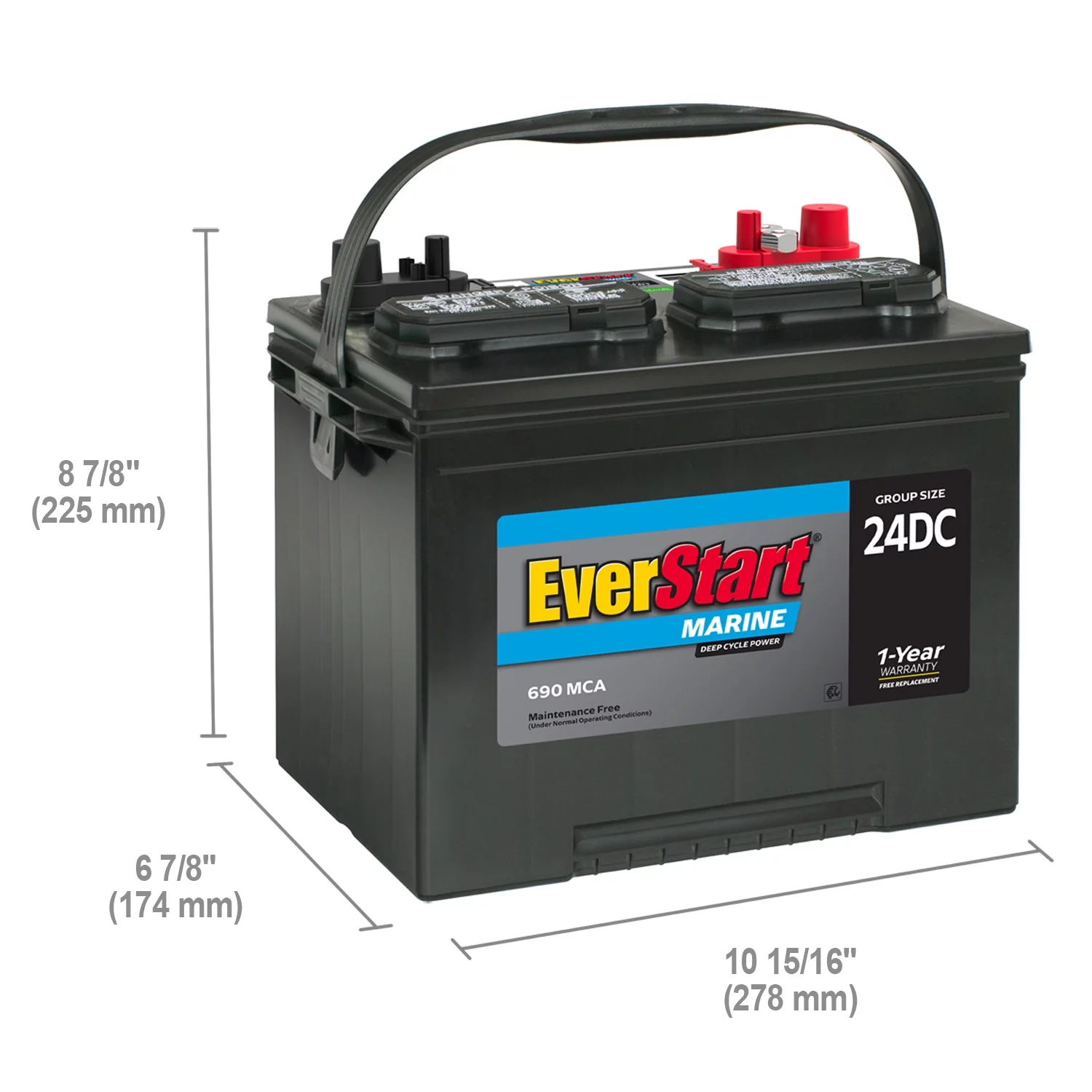 EverStart Lead Acid Marine & RV Deep Cycle Battery, Group Size 24DC 12 Volt, 690 MCA