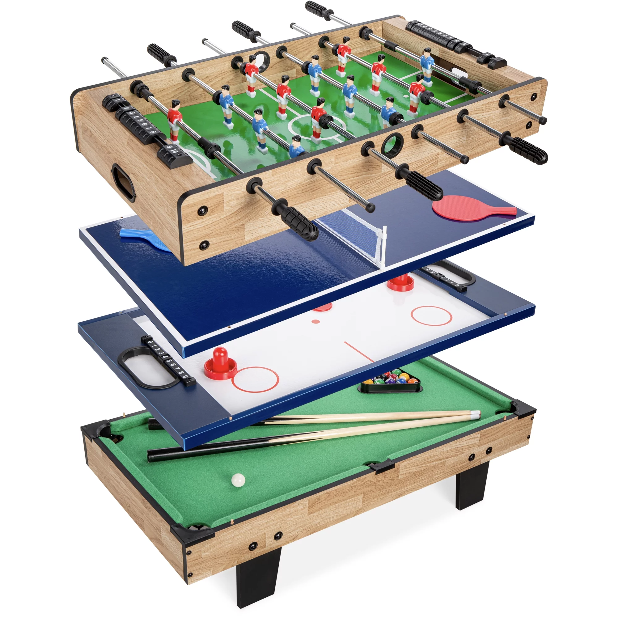 Best Choice Products 4-in-1 Multi Game Table, Childrens Arcade Set w/ Pool Billiards, Air Hockey, Foosball – Natural