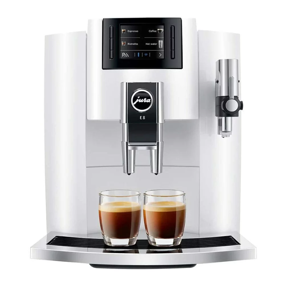 Jura E8 Automatic Espresso Machine (Piano White) with Glass Milk Container