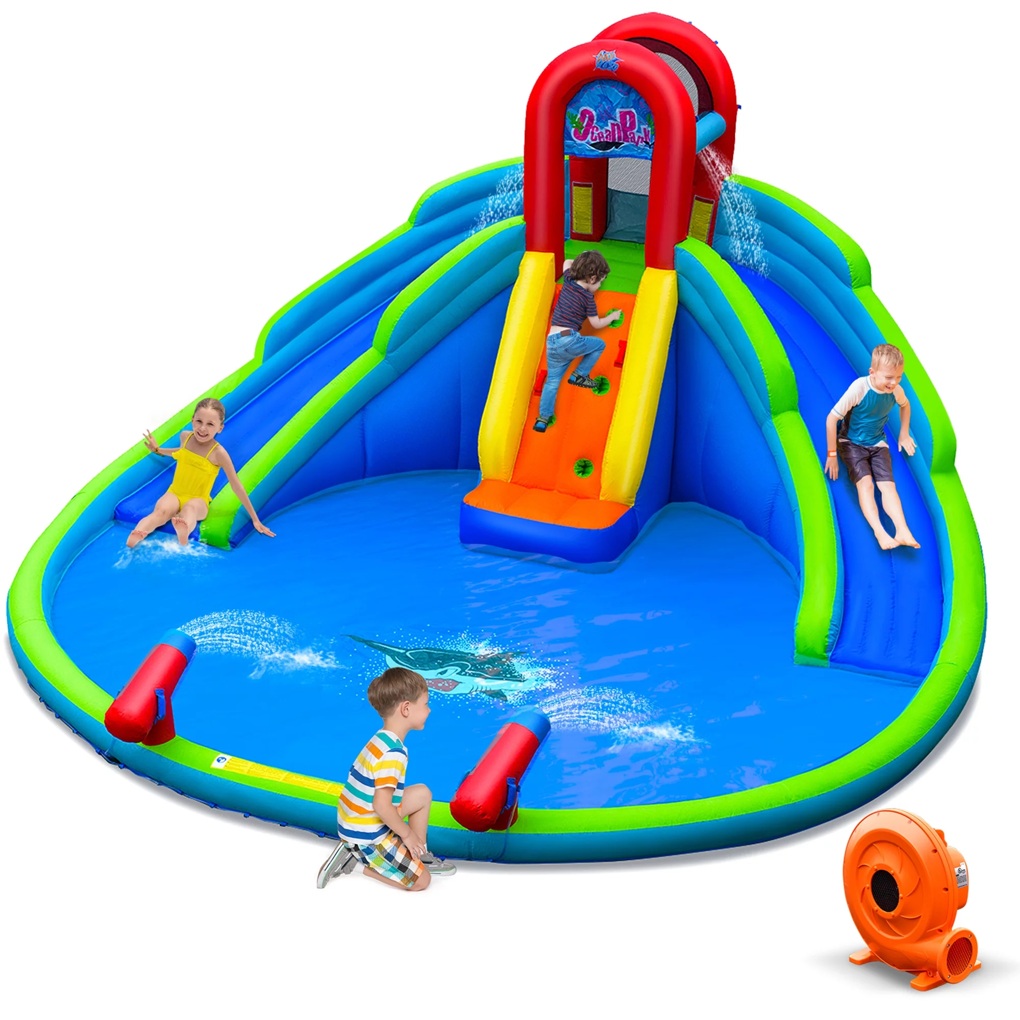 Gymax Inflatable Waterslide Wet & Dry Bounce House w/Upgraded Handrail & 780W Blower