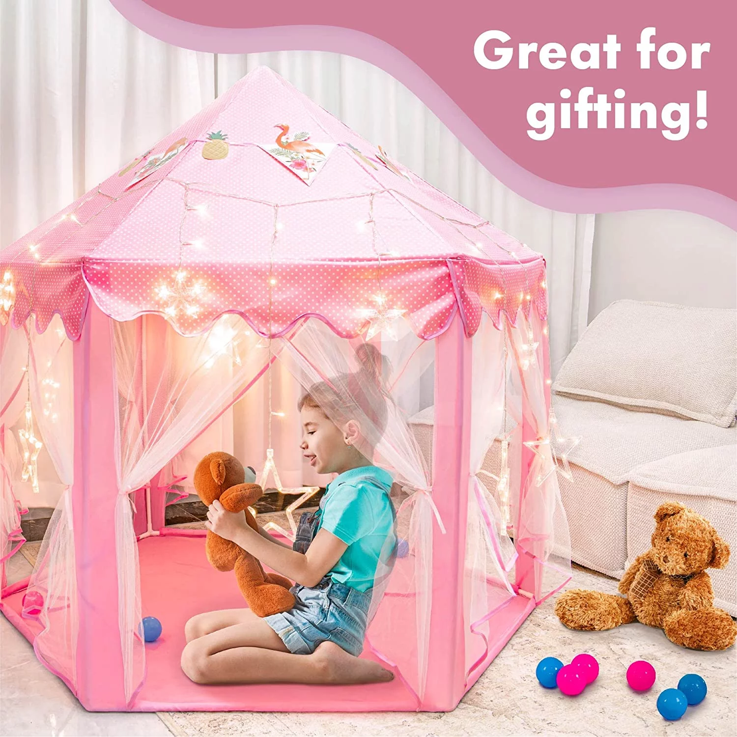 Twinkle Star 55″x 53″ Princess Castle Play Tent for Girls Playhouse with 138 LED Star String Lights and Banners Decor, Kids Game House for Indoor Outdoor Game(Pink)