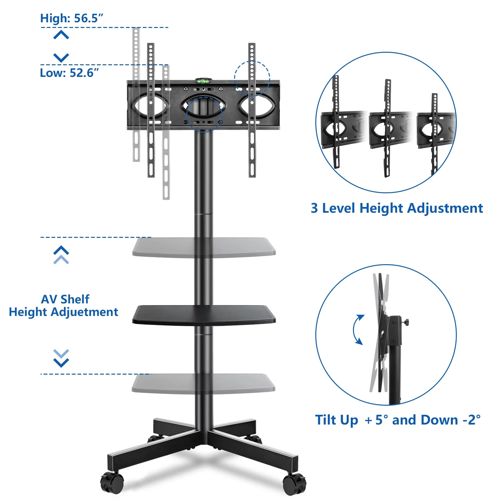 TVON Modern Rolling TV Stand Mobile TV Cart for 32 to 60 inch Flat Panel TVs, Black