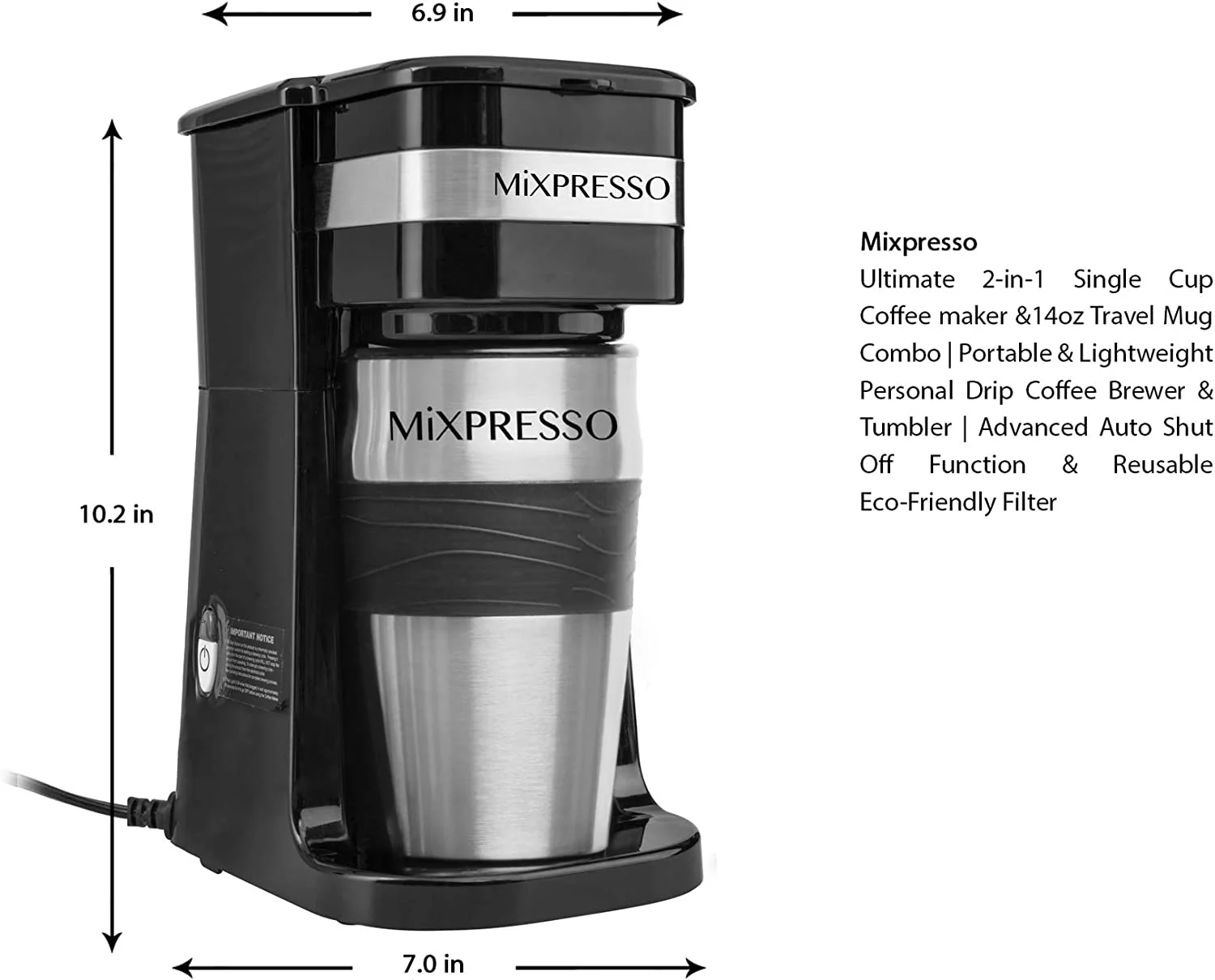 Mixpresso Single Serve Coffee Maker & 14oz Travel Mug (Black)