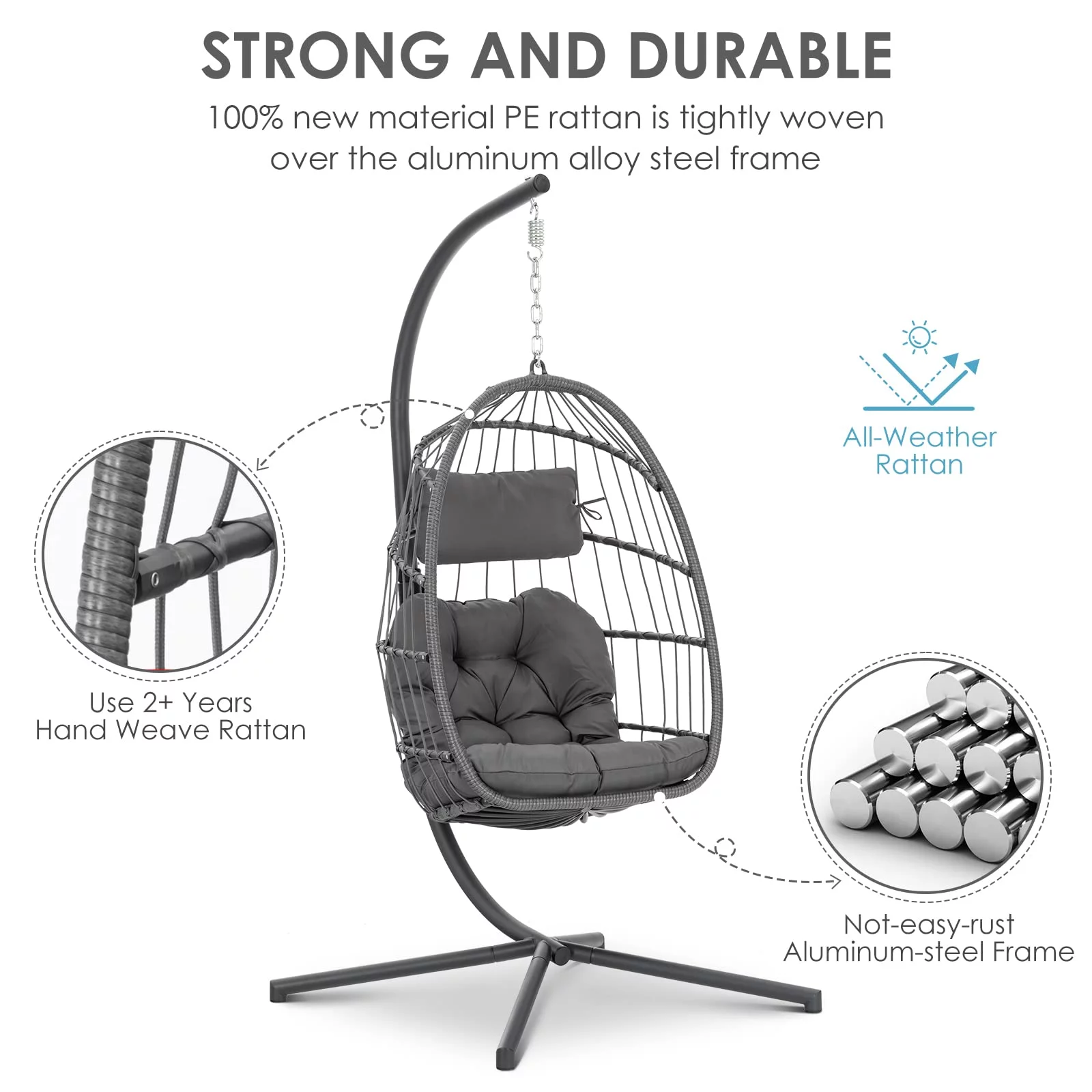 Hanging Egg Chair with Stand and Fluffy Cushion Lounge Wicker Iron Swing Chairs,light gray