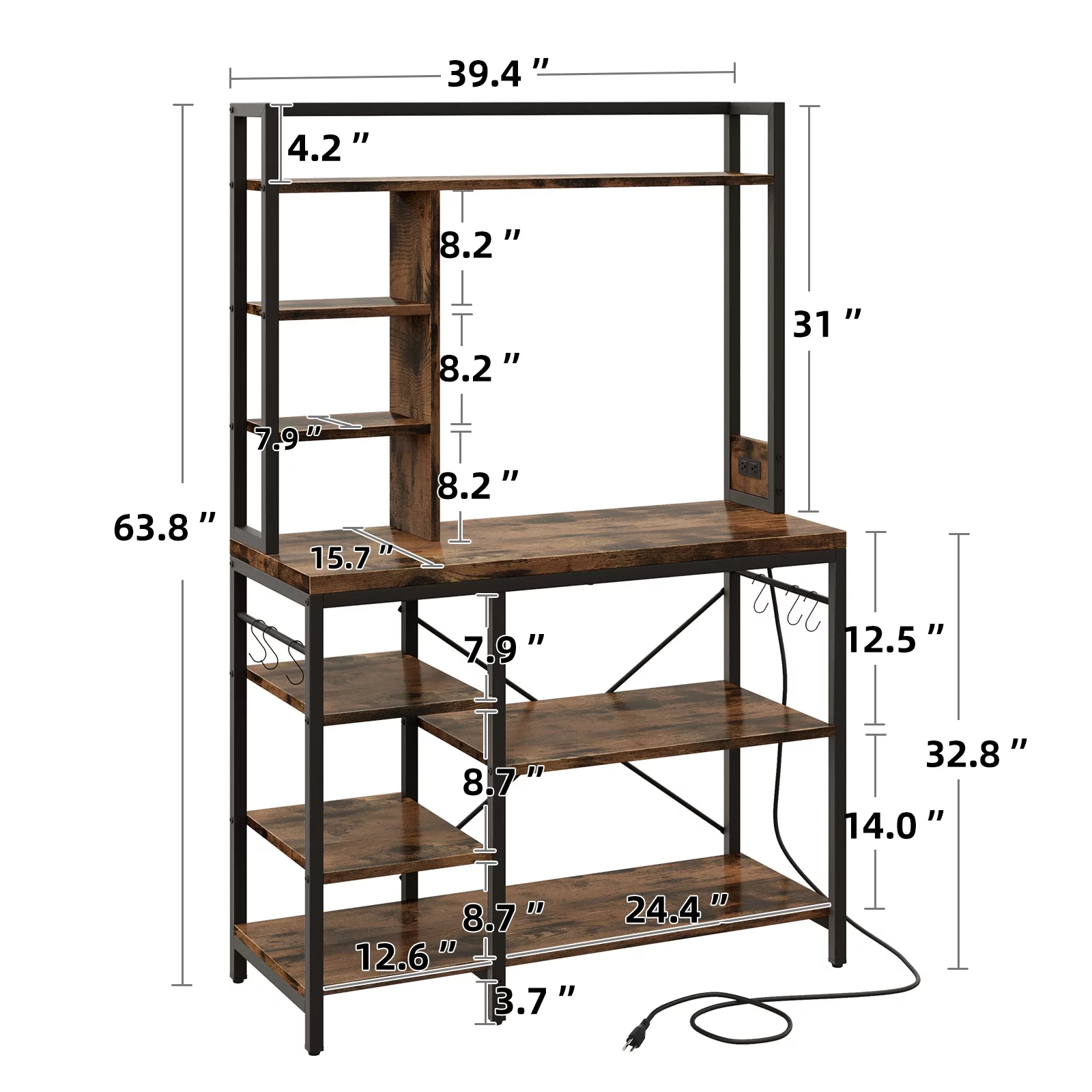 Dextrus 8 Tier Kitchen Bakers Rack with Power Outlets, 39″ Freestanding Microwave Stand with 6 S-Shaped Hooks, Kitchen Storage Shelf Organizer, Rustic Brown