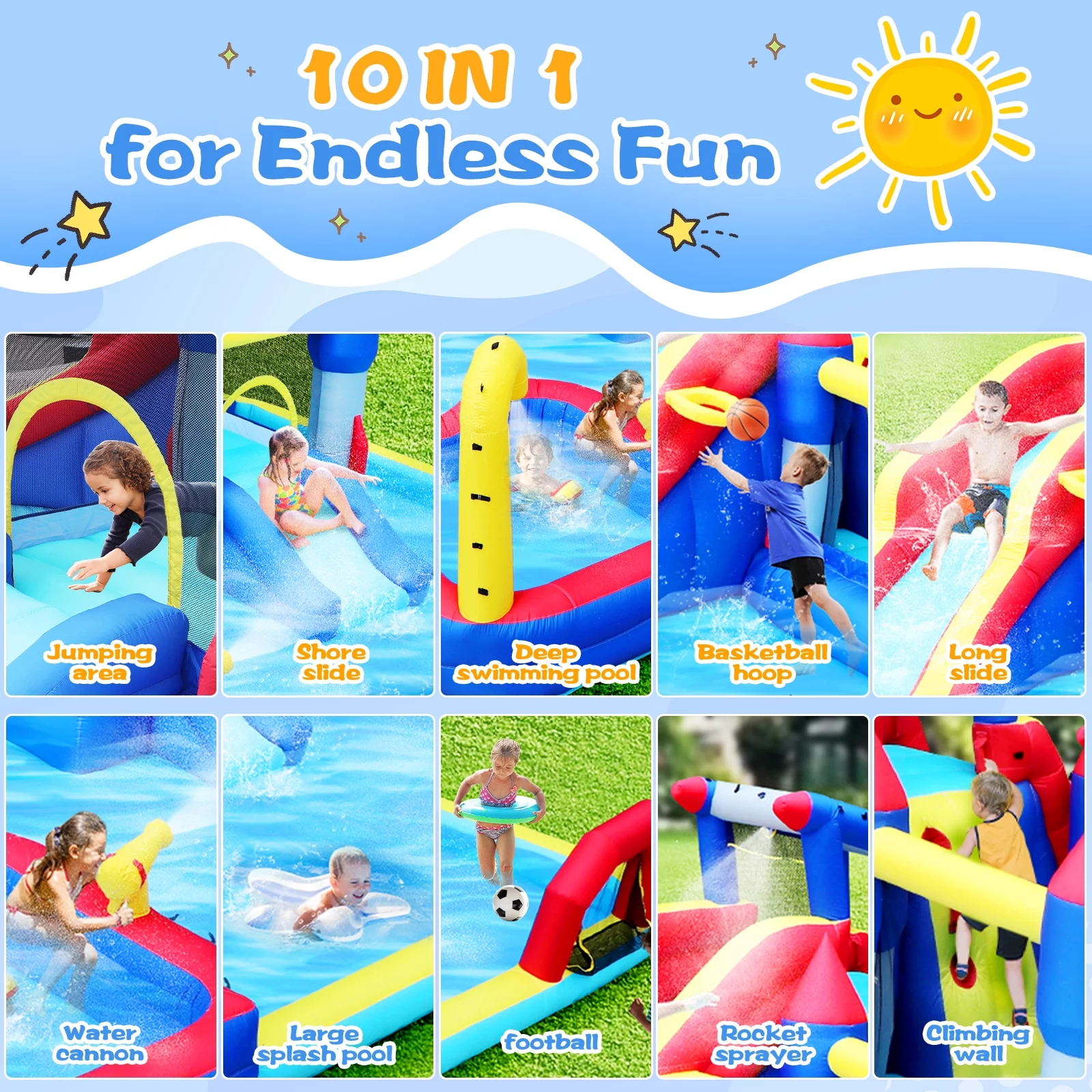 Track 7 Inflatable Water Park,7 in1 Inflatable Slide Water Park Bounce House with Splash Pool & Water Gun & Climbing Wall & Basketball & Soccer & Dual Pools & Blower,Blow Up Water Park Bounce House