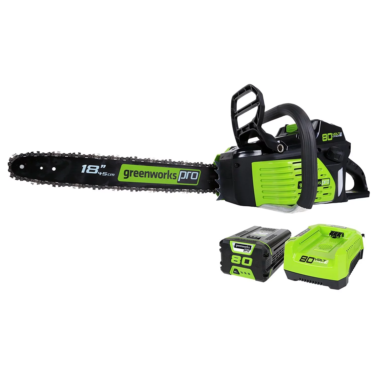 Discontinued – Greenworks Pro 18-Inch 80V Cordless Lithium-Ion Chainsaw, Battery and Charger Included GCS80421