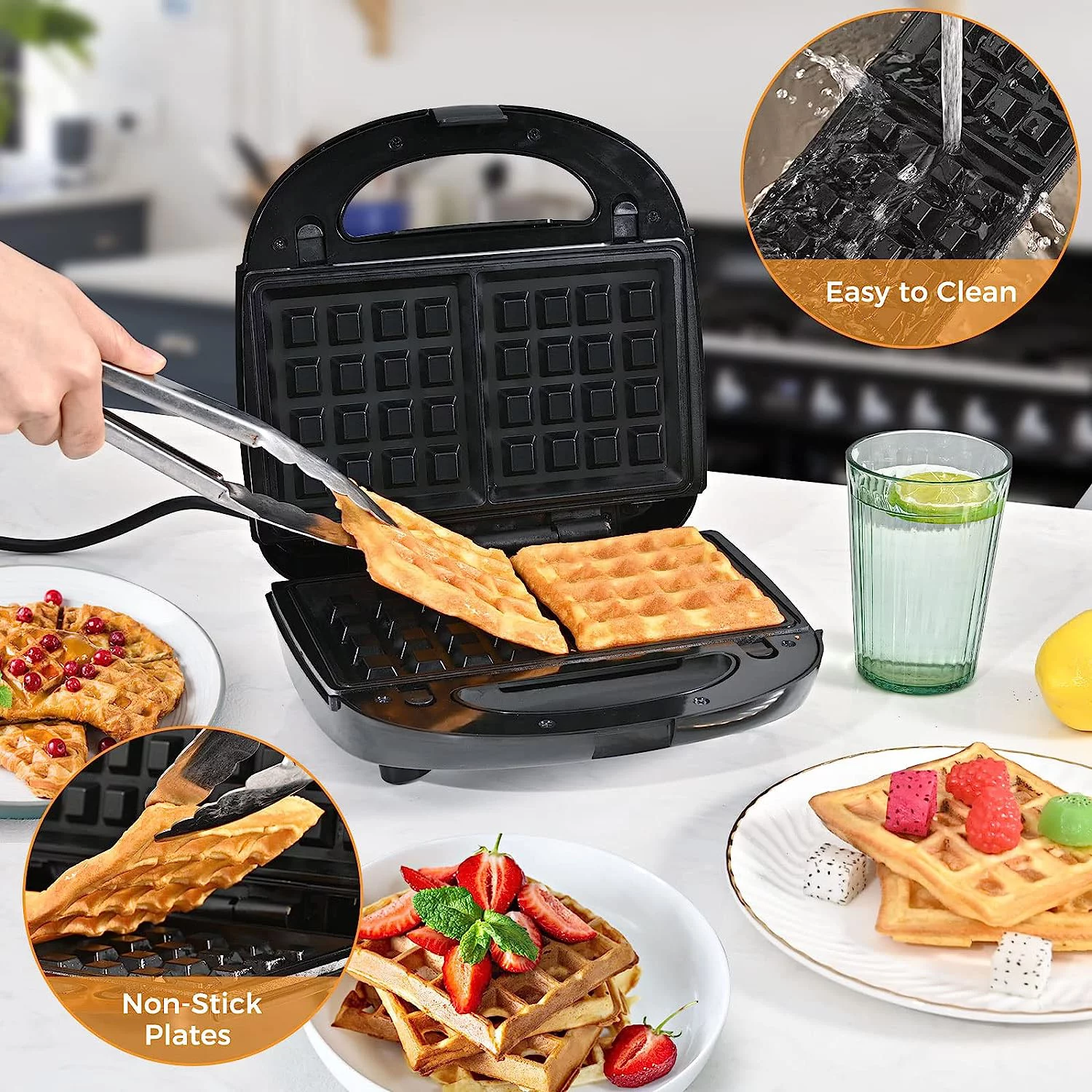 6-in-1 Waffle Maker Panini Press Sandwich Maker | 750W Breakfast Grill | Non-Stick Removable Plate | Black