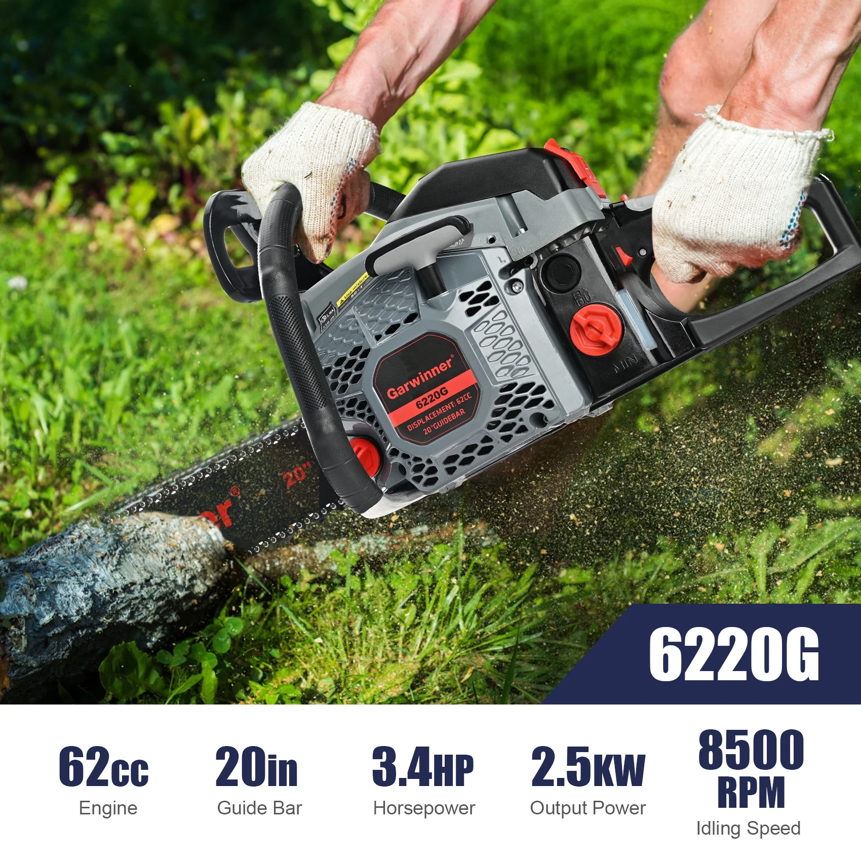 Garwinner Gas Chainsaw 20” 2-Stroke 62CC Cordless Chainsaw 6220G for Farm, Garden and Ranch for Cutting Wood