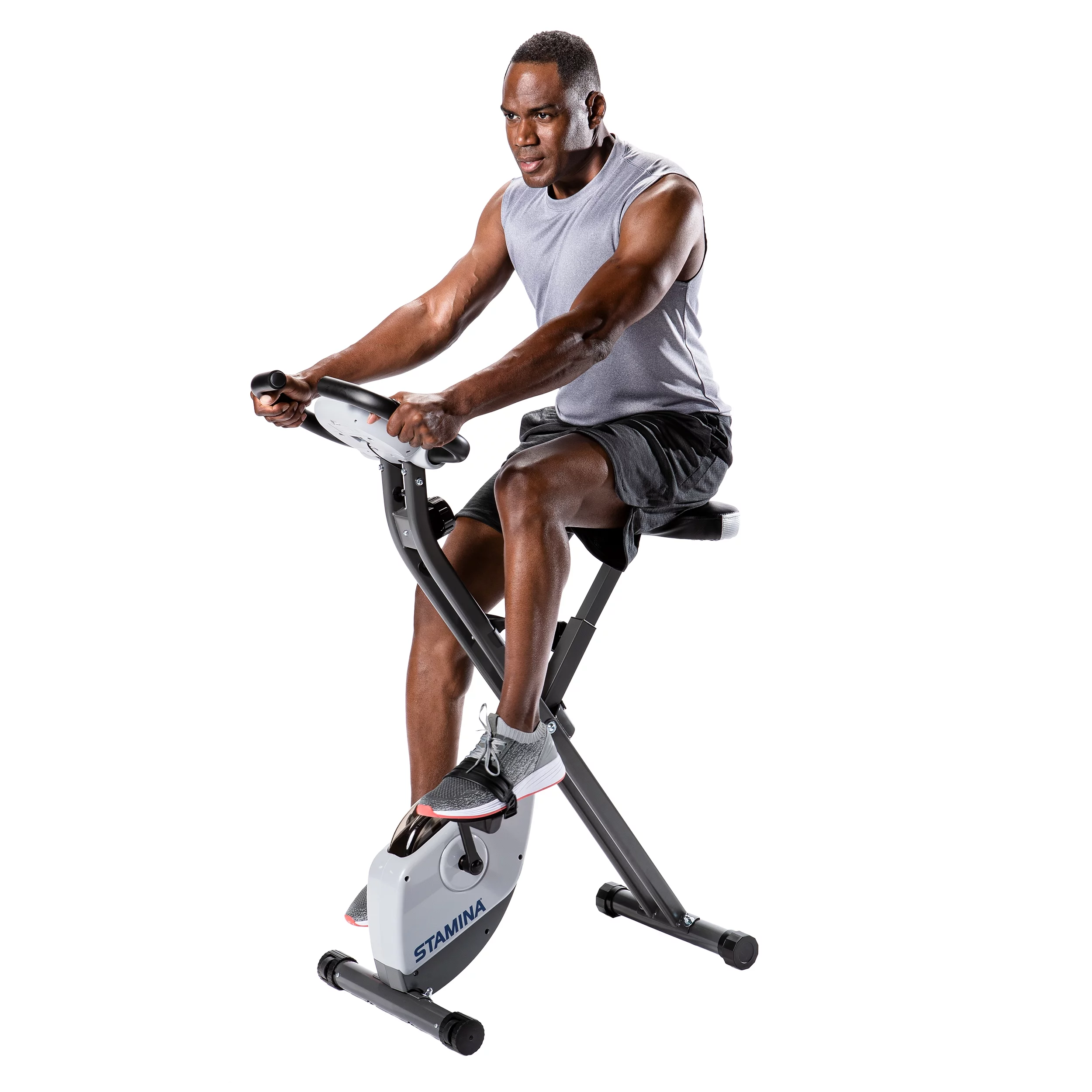 Stamina Folding Cardio Upright Exercise Bike with Heart Rate Sensors and Extra Wide Padded Seat