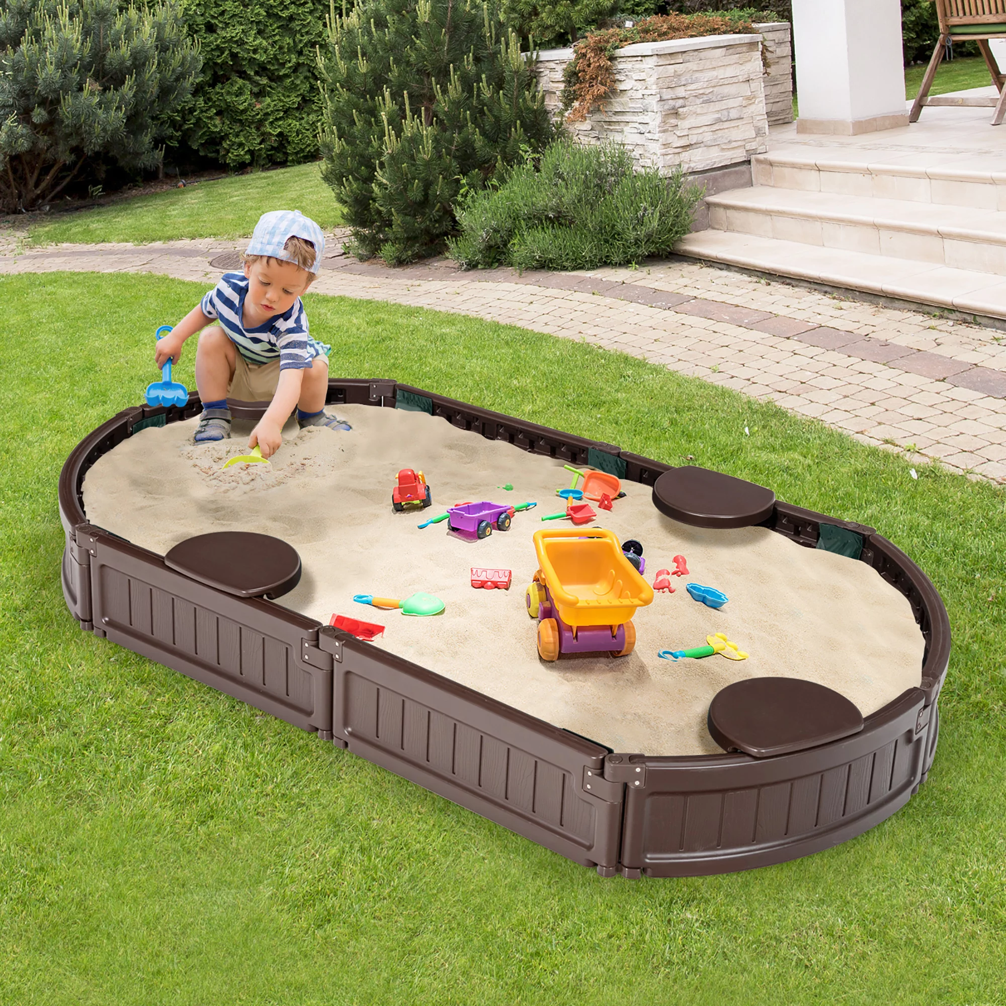 Costway 6F Wooden Sandbox w/Built-in Corner Seat, Cover, Bottom Liner for Outdoor Play