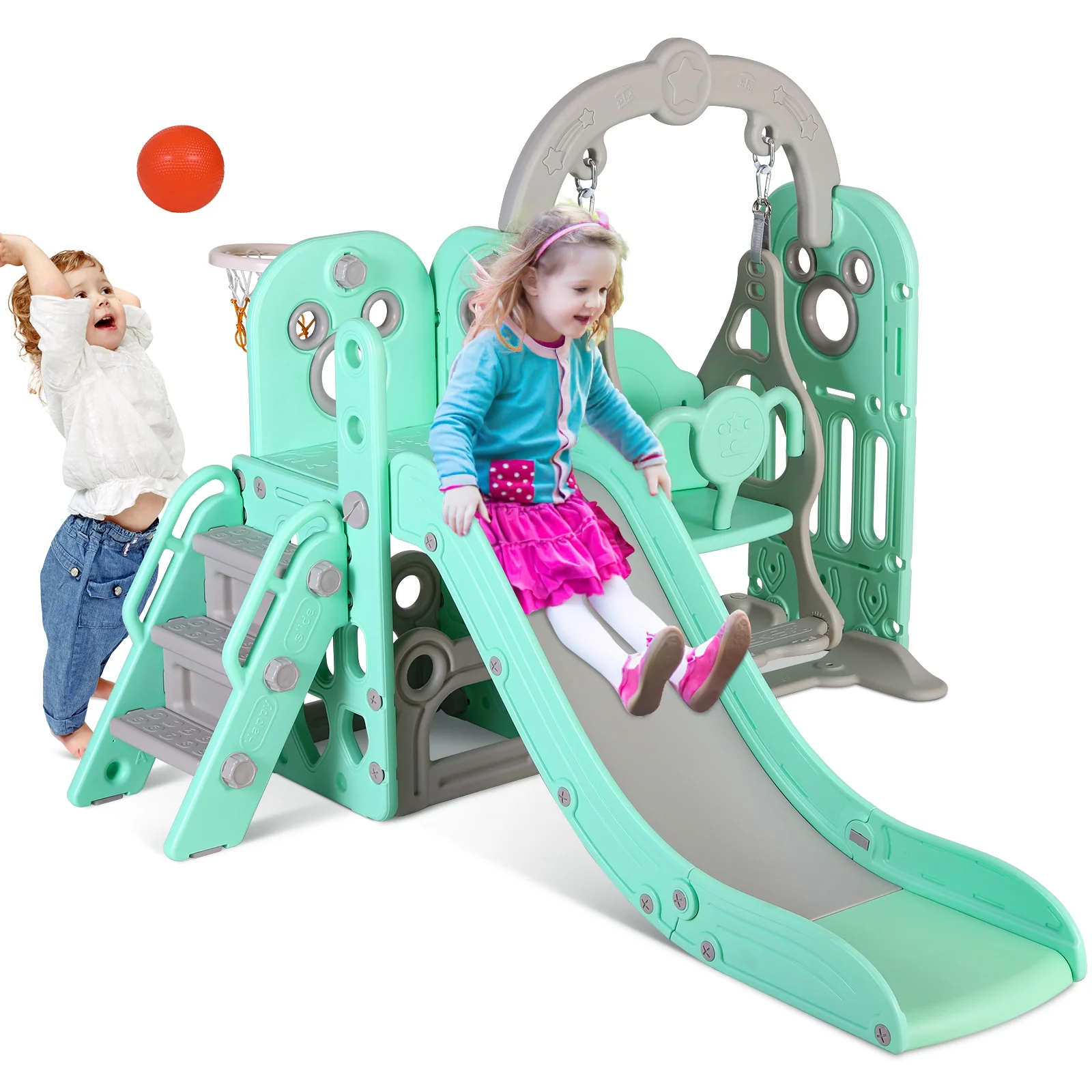 Arlopu Toddler Slide & Swing Set, Freestanding Sturdy Kids Climber Slide Playset with Basketball Hoop, Storage Space, Long Slide, Indoor Outdoor Use