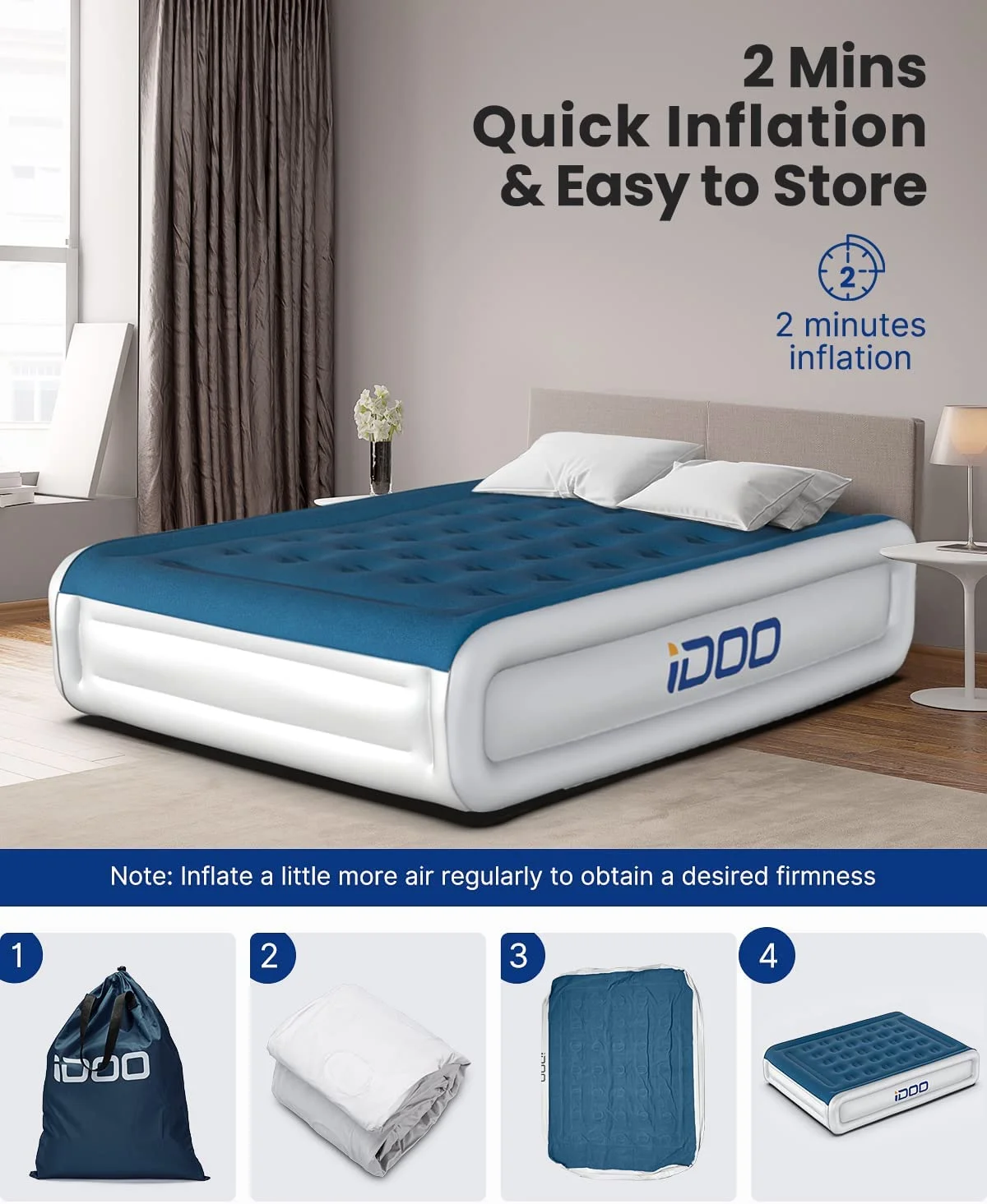 iDOO Queen Size Air Mattress, Inflatable Air Bed with Built-In Pump, 4 Mins Fast Inflation And Deflation