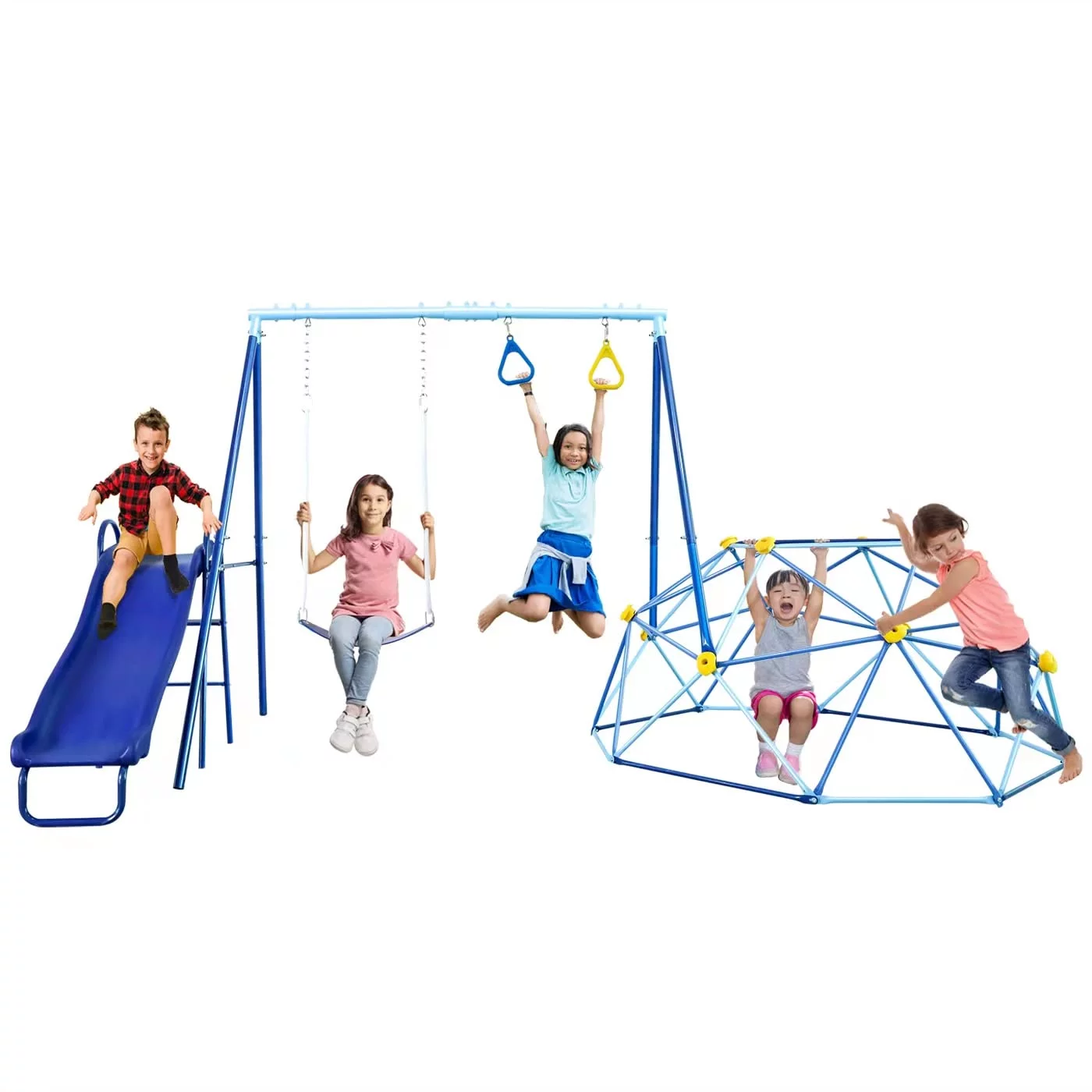 SMkidsport 4 in 1 Metal Swing Sets for Backyard with Slide and Dome Climber,Swing Set with Belt Swing and Trapeze, Playground Sets for Backyards Bearing 440 LBS, Swingset Outdoor for Kids