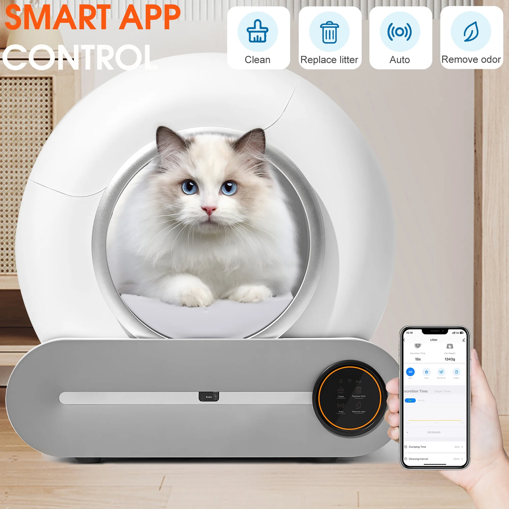 TAKOYI Automatic Cat Litter Box, Self Cleaning Scooping and Odor Removal, App Control Support WiFi, Intelligent Radar Smart Auto Litter Box with Liner