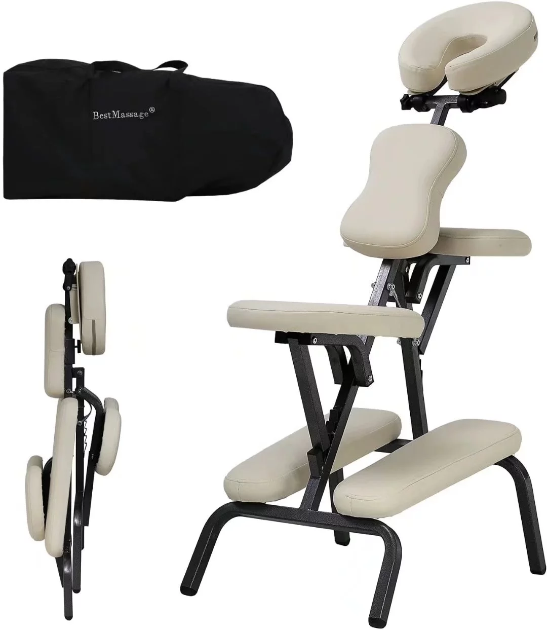 Foldable Massage Chair Adjustable Tattoo Chair Spa Chair Portable Therapy Chair w/Free Carry Case & Face Cradle, Black