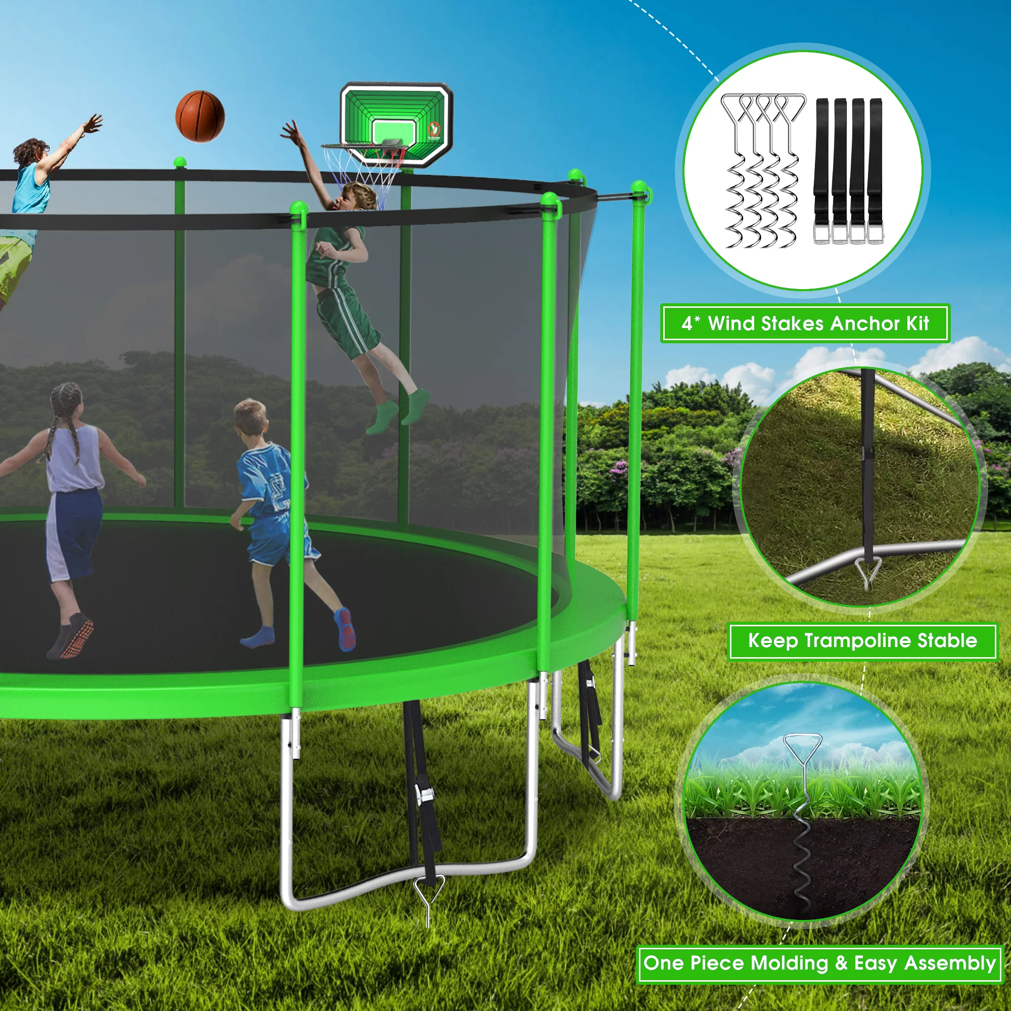 YORIN 1500LBS 16 FT Trampoline for Adults with Enclosure Net, Outdoor Trampoline Capacity 6-8 Kids, with Basketball Hoop, Ground Stakes, Ladder, ASTM Approved Large Backyard Recreational Trampoline