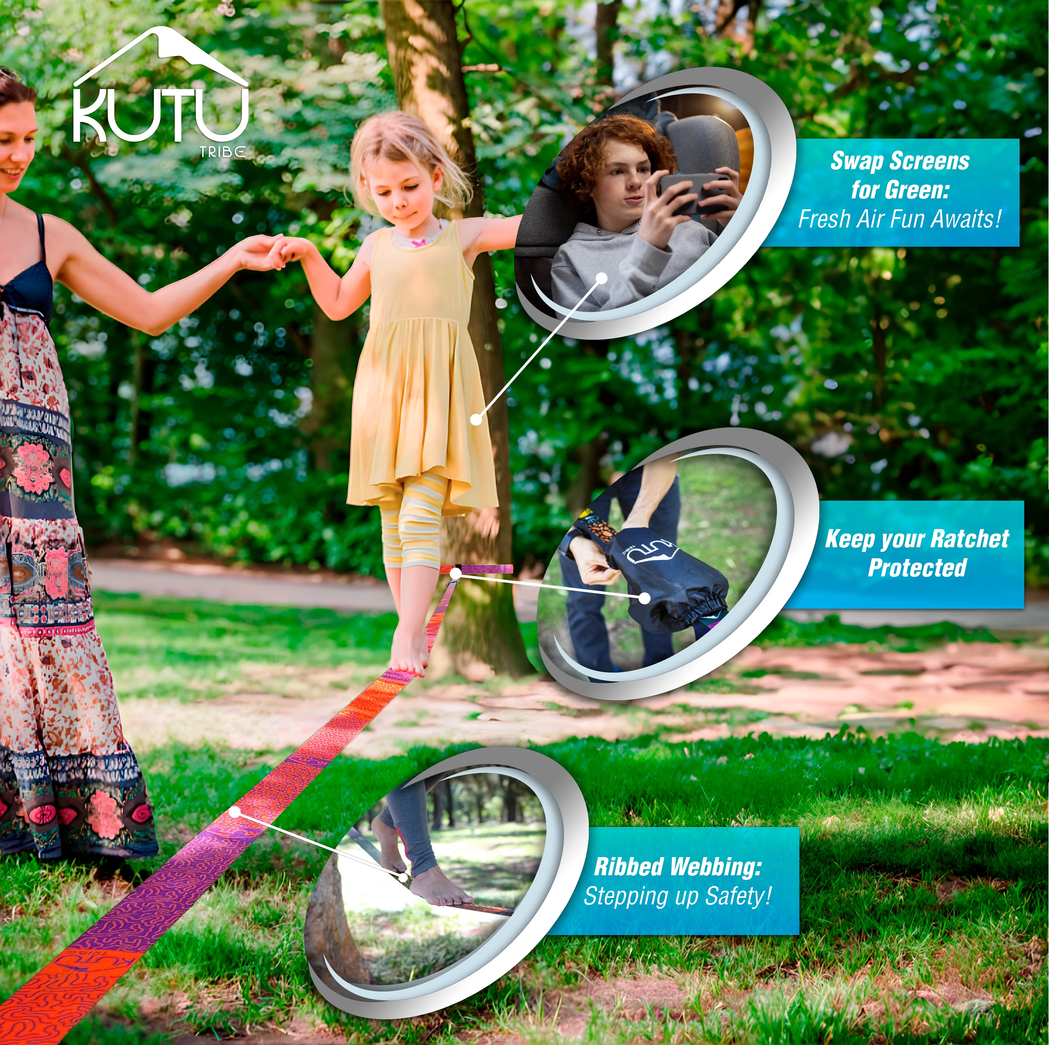 Kutu Tribe Fun Slackline Kit 60 feet Slack Line for Adults and Kids with Training Line