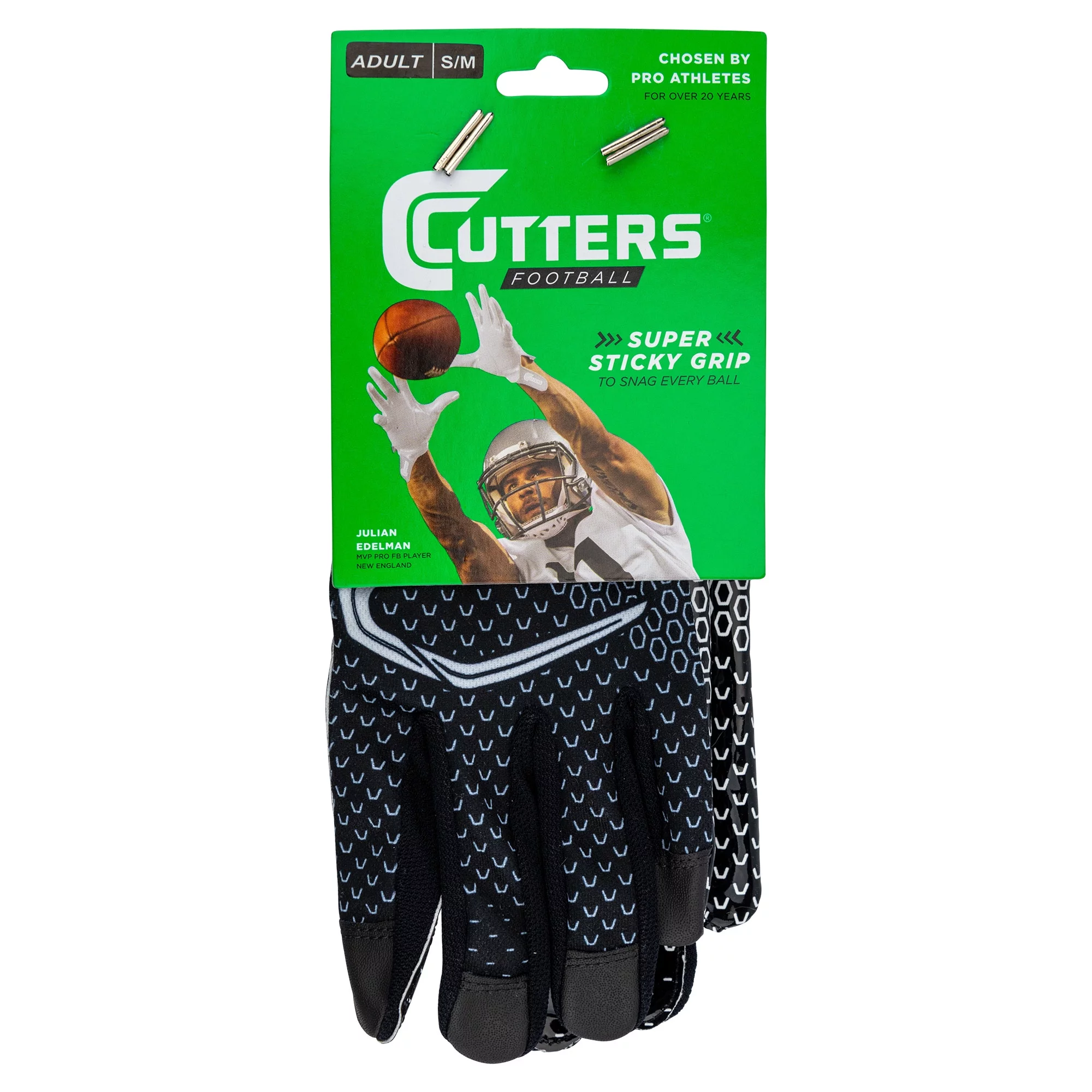 Cutters Game Day Football Receiver Glove with Silicone Grip, Adult S/M, Black